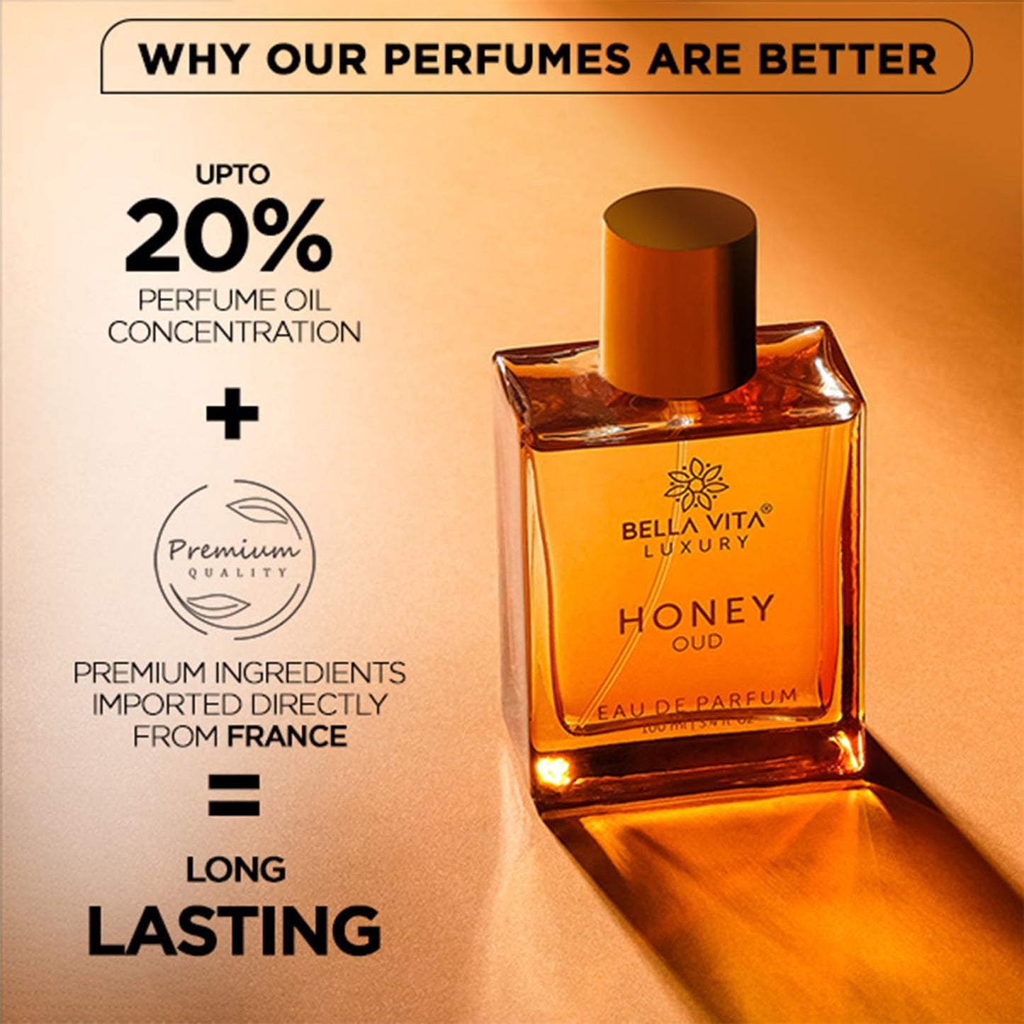 Bellavita Luxury Honey Oud Eau de Parfum | 100 ml (3.4 fl.oz.) | Perfume for Men and Women | Sweet Honey, Bergamot, Oud, and Amber Notes | Women's Day Special