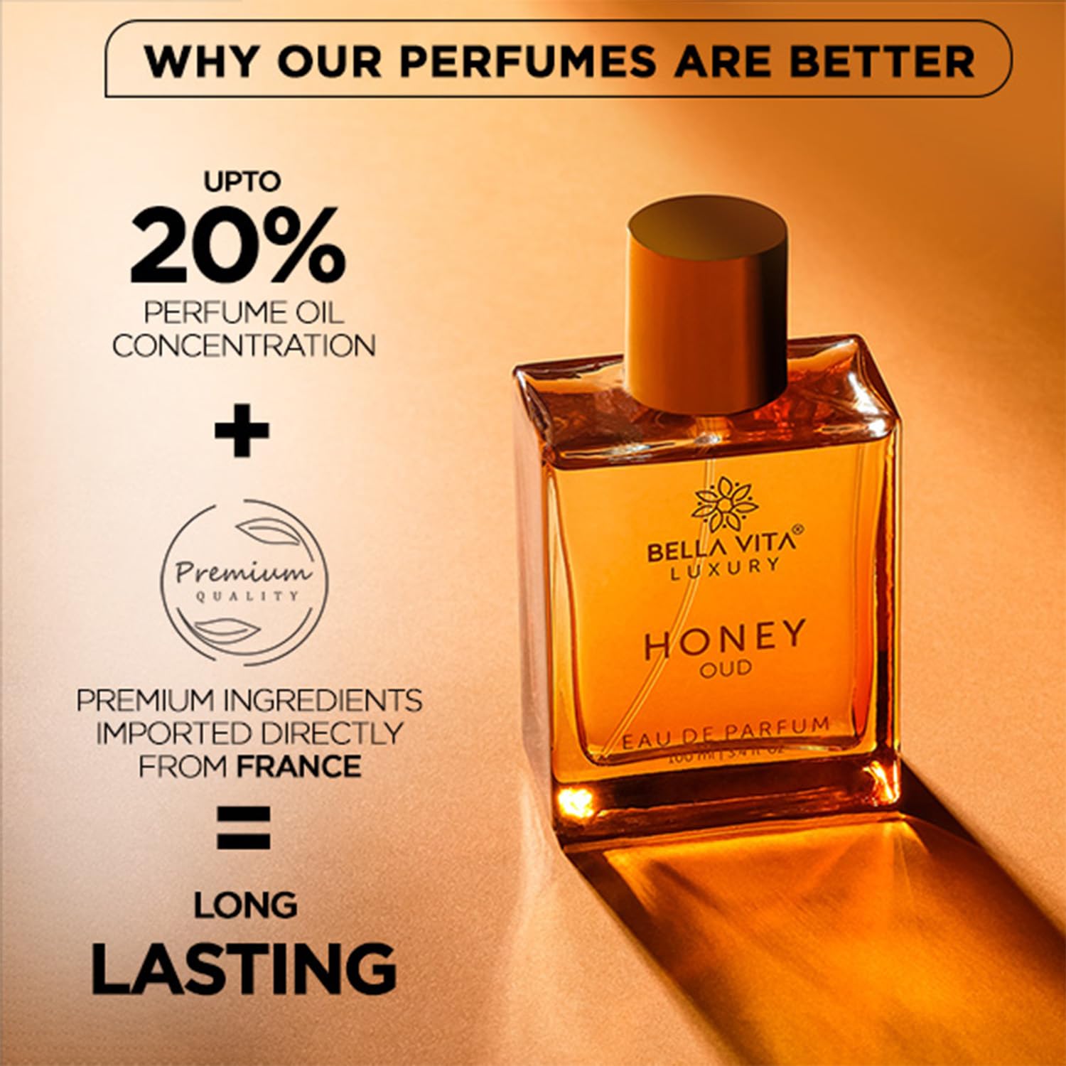 Bellavita Luxury Honey Oud Eau de Parfum | 100 ml (3.4 fl.oz.) | Perfume for Men and Women | Sweet Honey, Bergamot, Oud, and Amber Notes | Women's Day Special