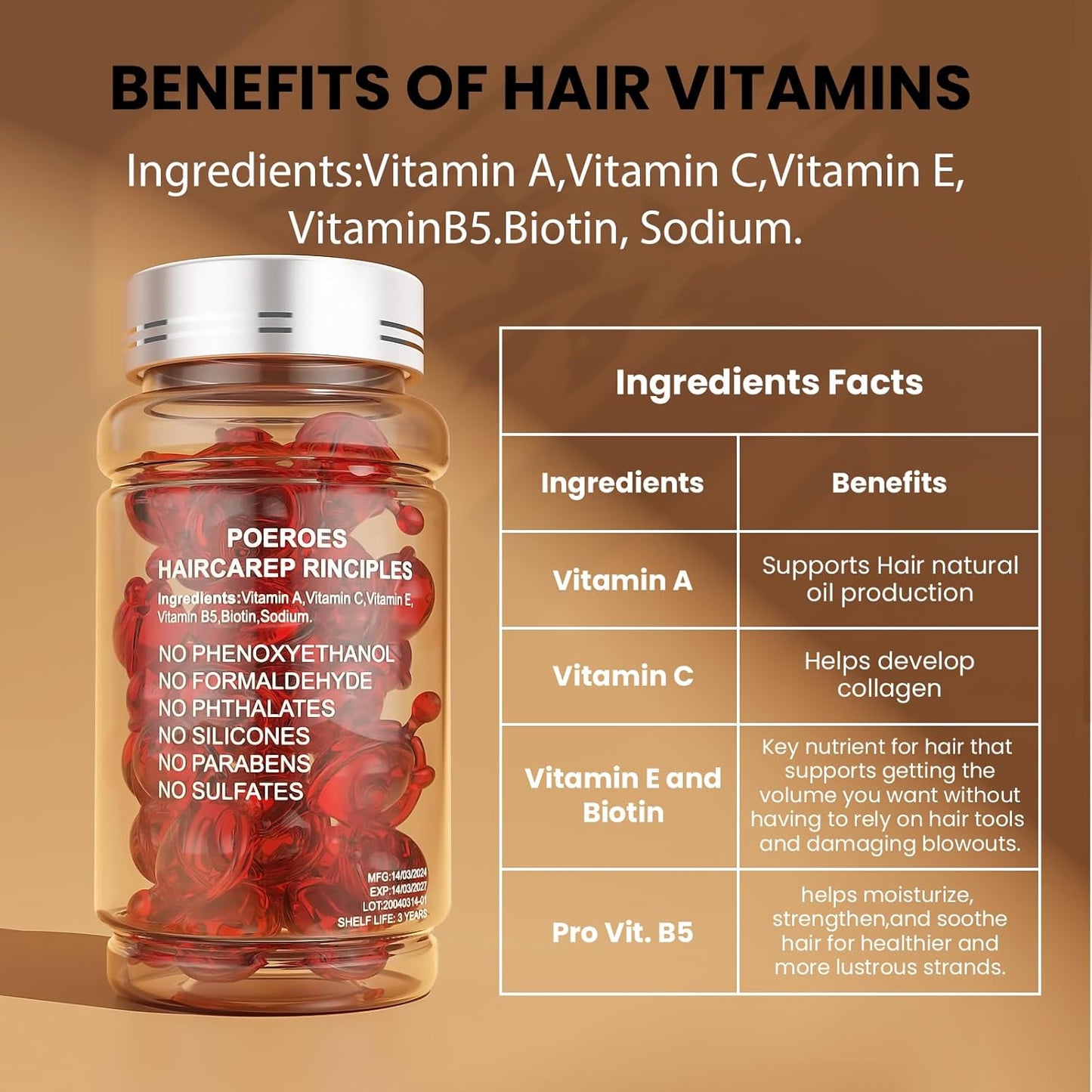 POEROES Hair Oil 50 Capsules - Hair Vitamins A C E Pro B5 - Hair Treatment Serum - Serum for Frizzy and Damaged Hair - Argan & Avocado Oil - Leave in Conditioner for Women & Men