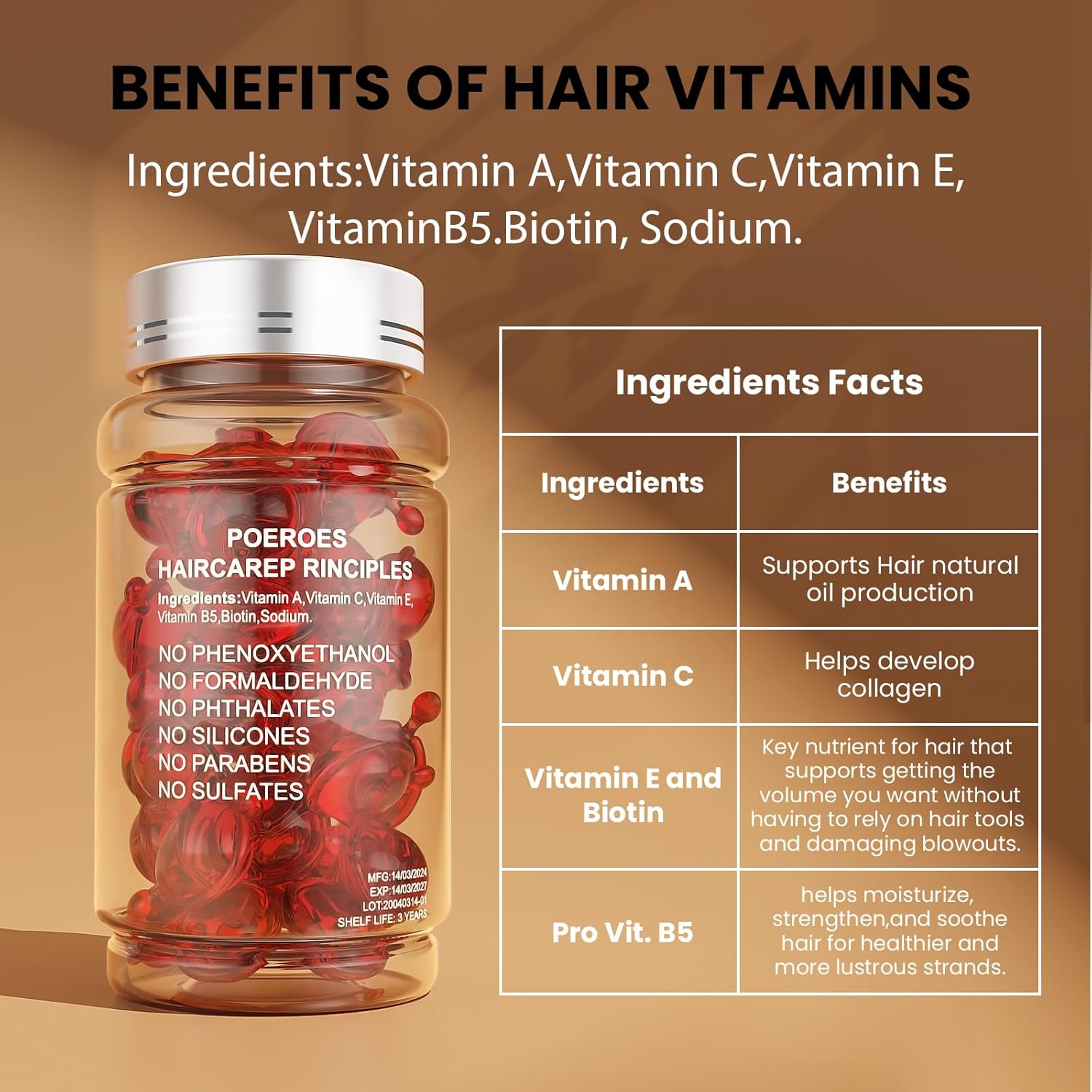 POEROES Hair Oil 50 Capsules - Hair Vitamins A C E Pro B5 - Hair Treatment Serum - Serum for Frizzy and Damaged Hair - Argan & Avocado Oil - Leave in Conditioner for Women & Men