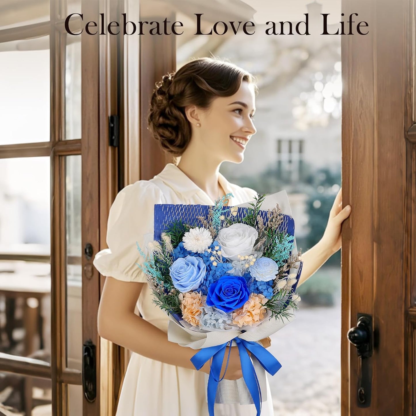 Preserved Flowers Bouquet - Forever Flowers for Delivery, Real Eternal Roses Bouquet, Mothers Day Gifts for Mom Grandma Wife, Anniversary Birthday Gifts for Women, Blue