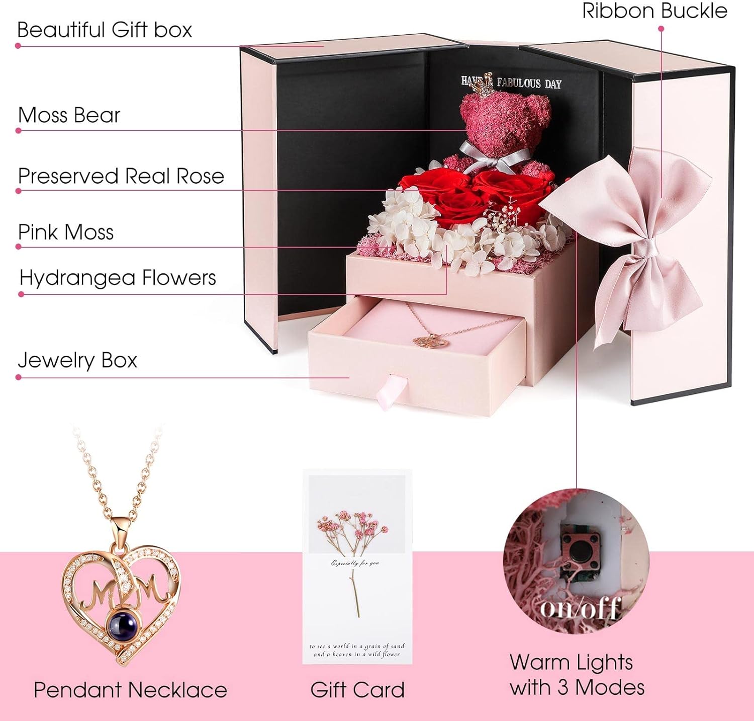ADDWel Preserved Real Roses with I Love You in 100 Languages Mom Necklace Set, Unique Mothers Day Set for Mom from Son and Daughter, Birthday Gift Box for Mama Mother