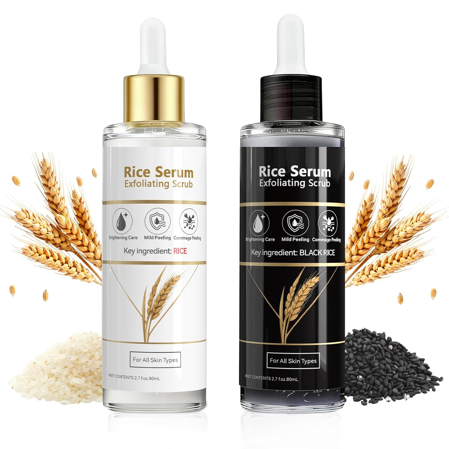 Exfoliating Rice Peel Shot Face Serum & Body Scrub, Black Rice & White Rice Ampoule, Removes Dead Skin Cells and Blackheads, Gentle Glow Peeling for All Skin Types