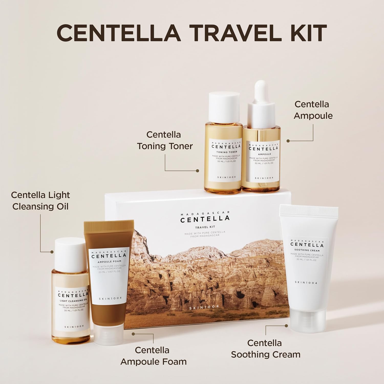 SKIN1004 Centella - Kit de viaje, juego coreano para el cuidado de la piel con tóner, hidratante, suero, aceite limpiador y limpiador, juego de tamaño de viaje con centella de Madagascar, piel sensible, perfecto para viajes, belleza y regalos