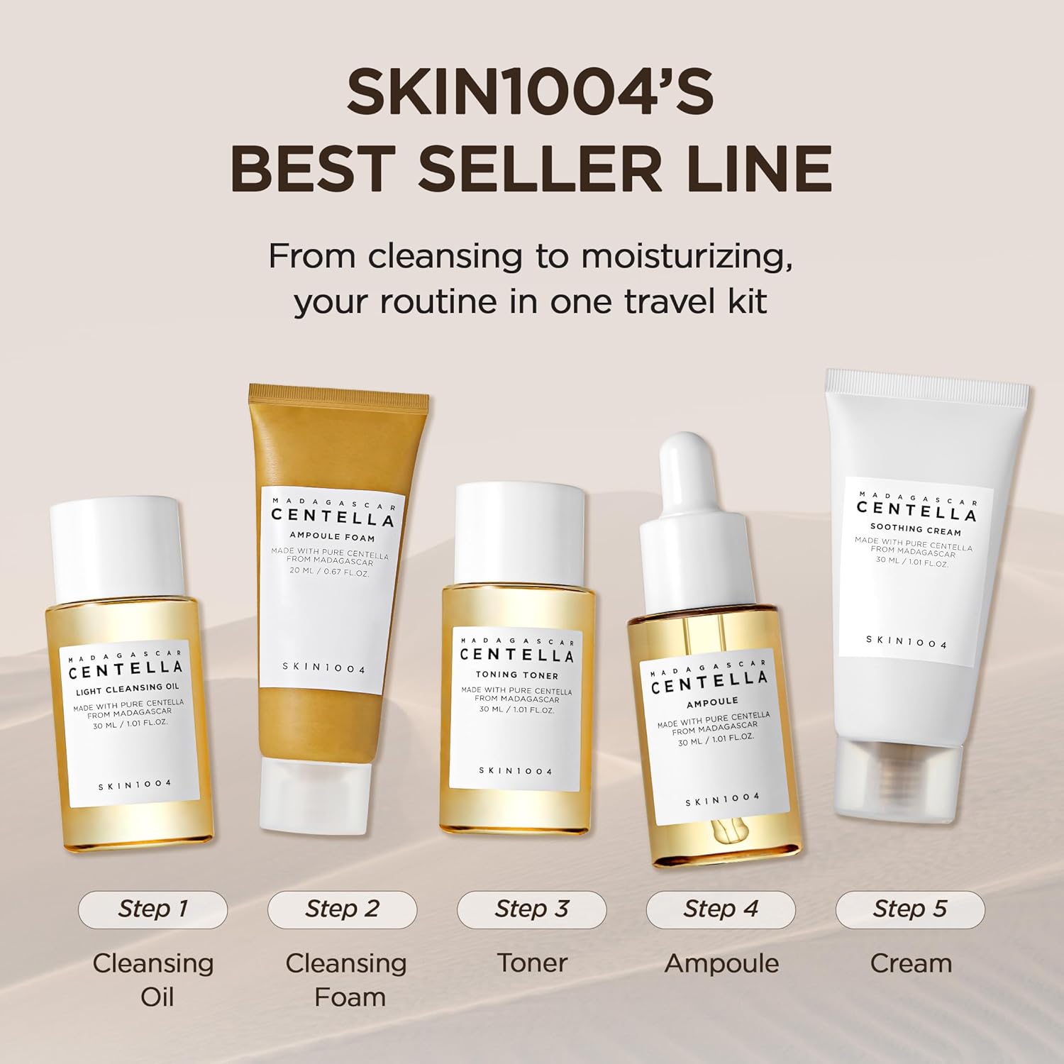 SKIN1004 Centella - Kit de viaje, juego coreano para el cuidado de la piel con tóner, hidratante, suero, aceite limpiador y limpiador, juego de tamaño de viaje con centella de Madagascar, piel sensible, perfecto para viajes, belleza y regalos