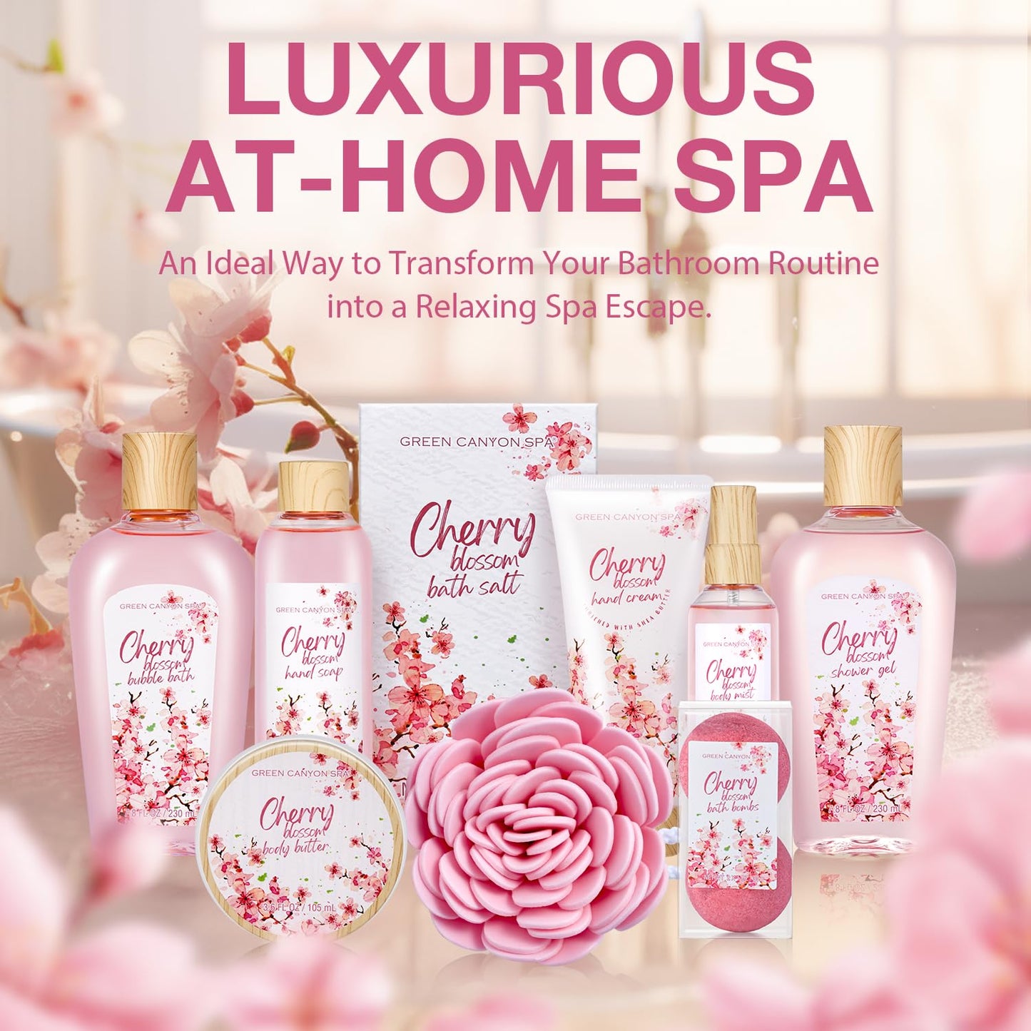 Green Canyon Spa Birthday Gifts for Women 11 Pcs Cherry Blossom Spa Gift Baskets Gift for Mom Her Friend Sister Wife Mothers Day Gifts for Her Bath and Body Gift Sets Presents for Her