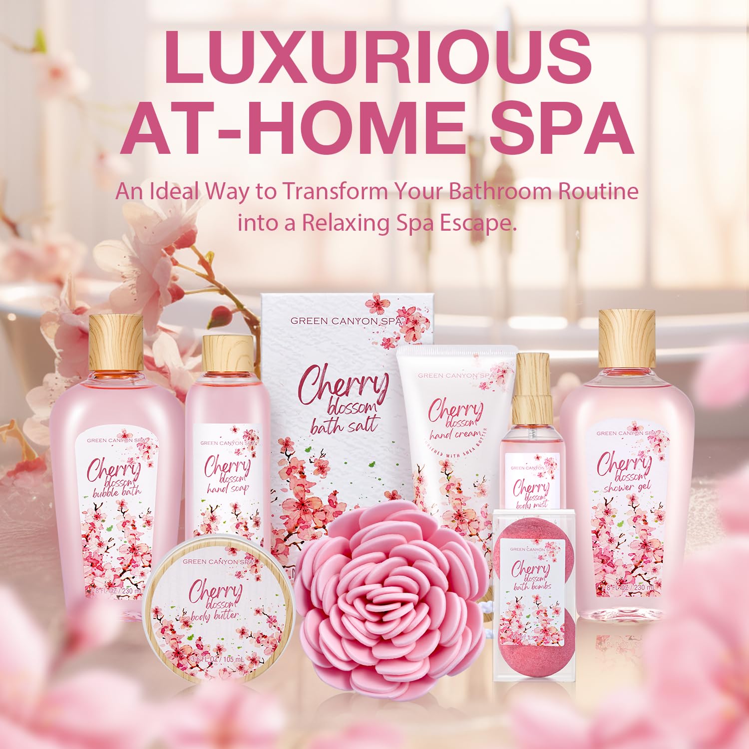 Green Canyon Spa Birthday Gifts for Women 11 Pcs Cherry Blossom Spa Gift Baskets Gift for Mom Her Friend Sister Wife Mothers Day Gifts for Her Bath and Body Gift Sets Presents for Her