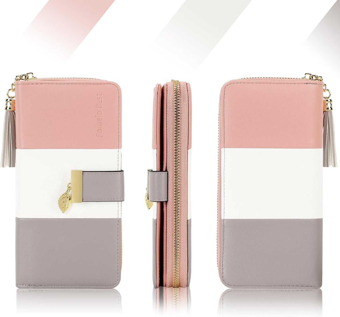 Carteras RFID para mujer con múltiples ranuras para tarjetas y compartimento para teléfono celular, cartera para mujer, Rosado/blanco/gris, Classic