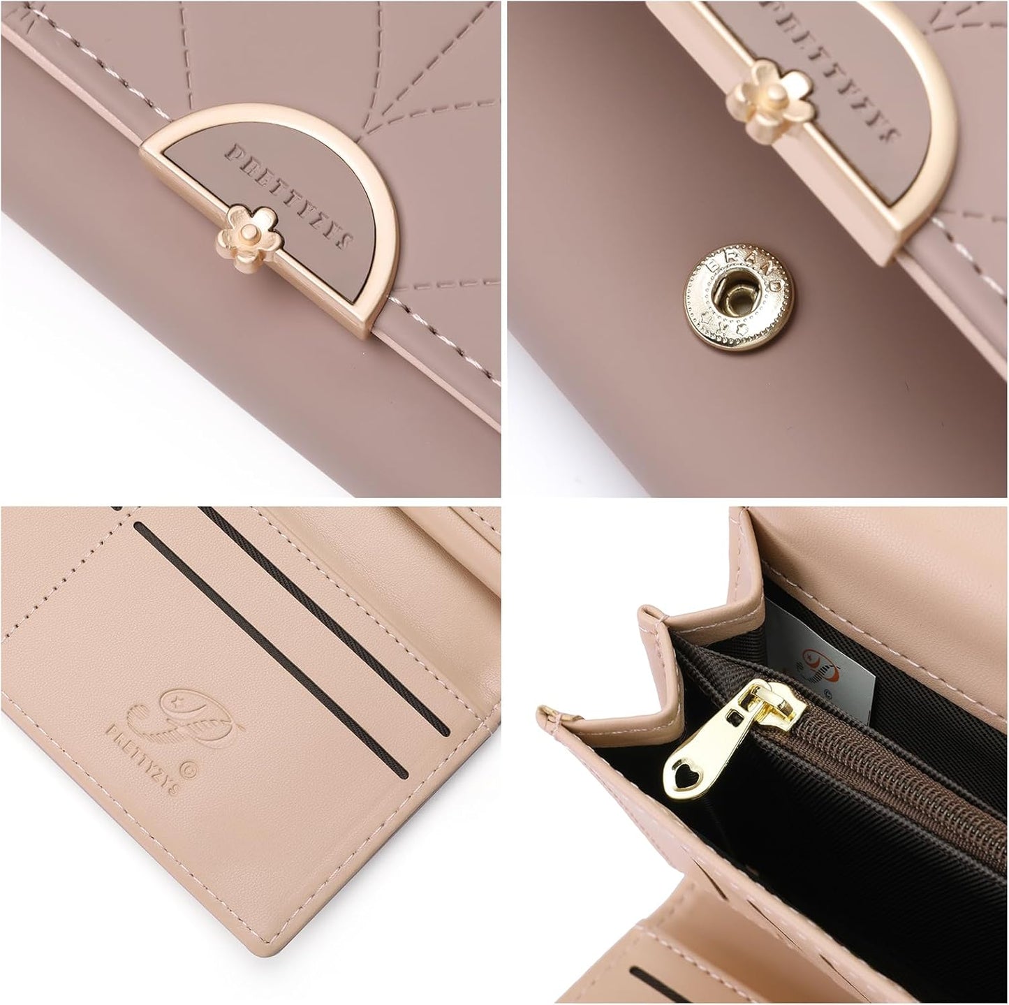RNIEGA Leather Wallet for Women Trifold Womens' RFID Blocking Wallet Card Holder Purse Clutch with Zipper Coin Pocket,Soybean Sand