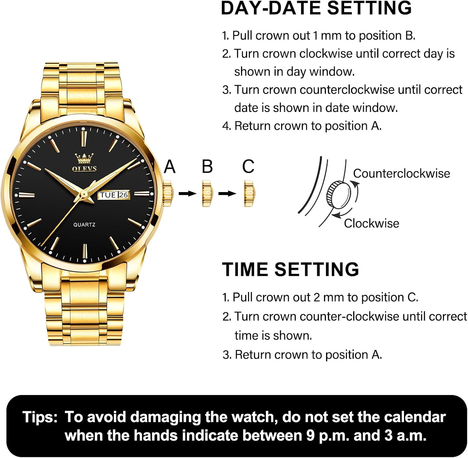 OLEVS Men's Luxury Stainless Steel Watch, Big Face Gold Silver Two Tone Three Hand Analog Quartz Watch, Easy to Read Waterproof Luminous Day Date Wrist Watches for Men