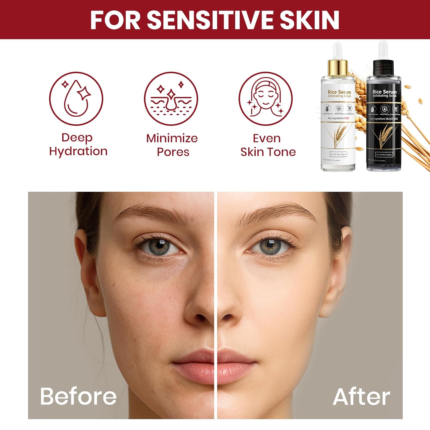 Exfoliating Rice Peel Shot Face Serum & Body Scrub, Black Rice & White Rice Ampoule, Removes Dead Skin Cells and Blackheads, Gentle Glow Peeling for All Skin Types