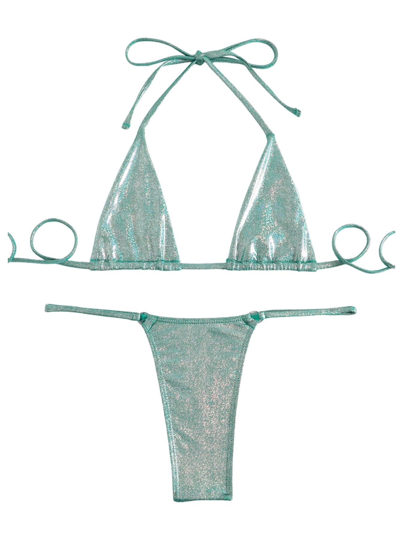 SOLY HUX Traje de baño metálico para mujer Halter Micro Triángulo Top Traje de baño Tanga Tanga Bikini Conjunto de dos piezas