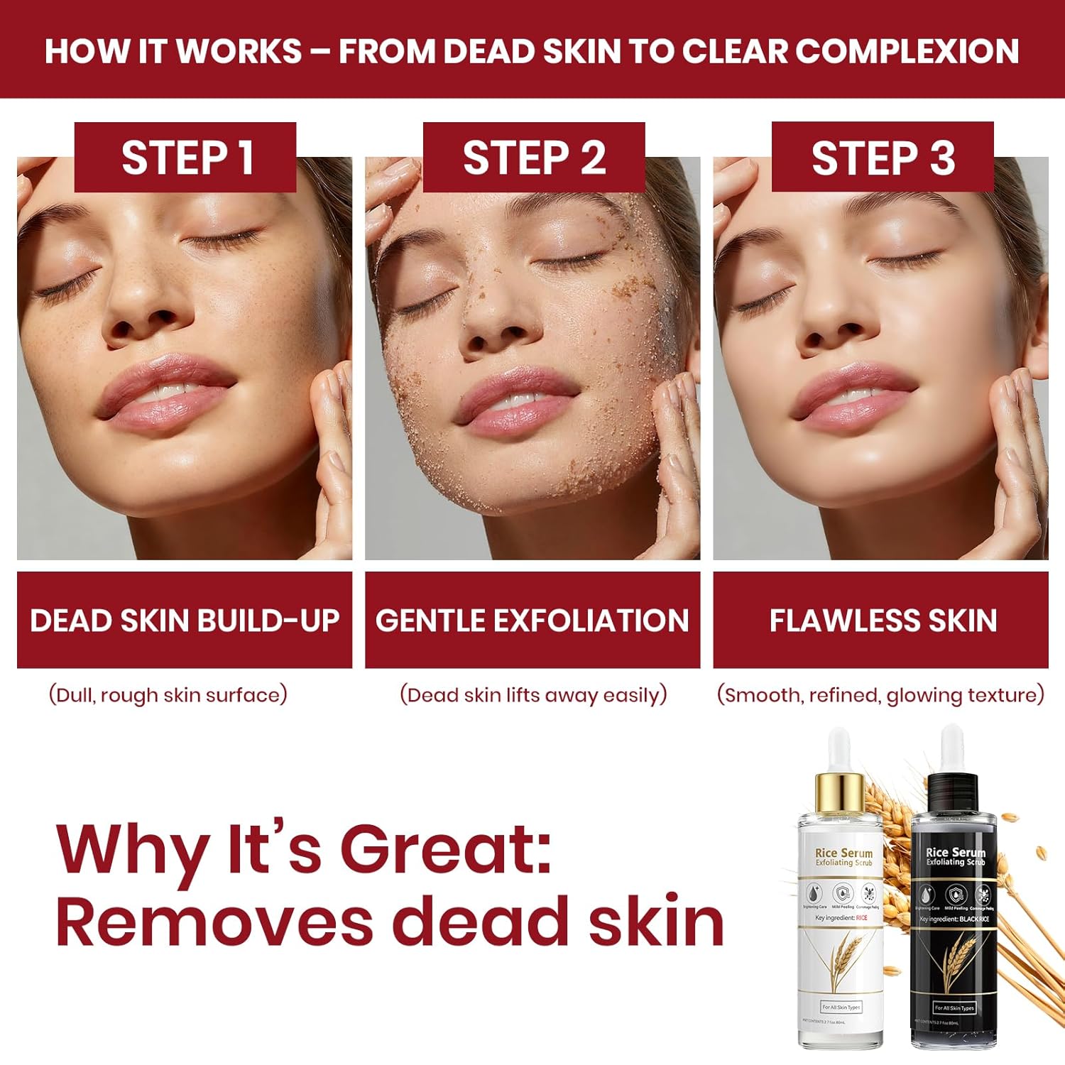 Exfoliating Rice Peel Shot Face Serum & Body Scrub, Black Rice & White Rice Ampoule, Removes Dead Skin Cells and Blackheads, Gentle Glow Peeling for All Skin Types