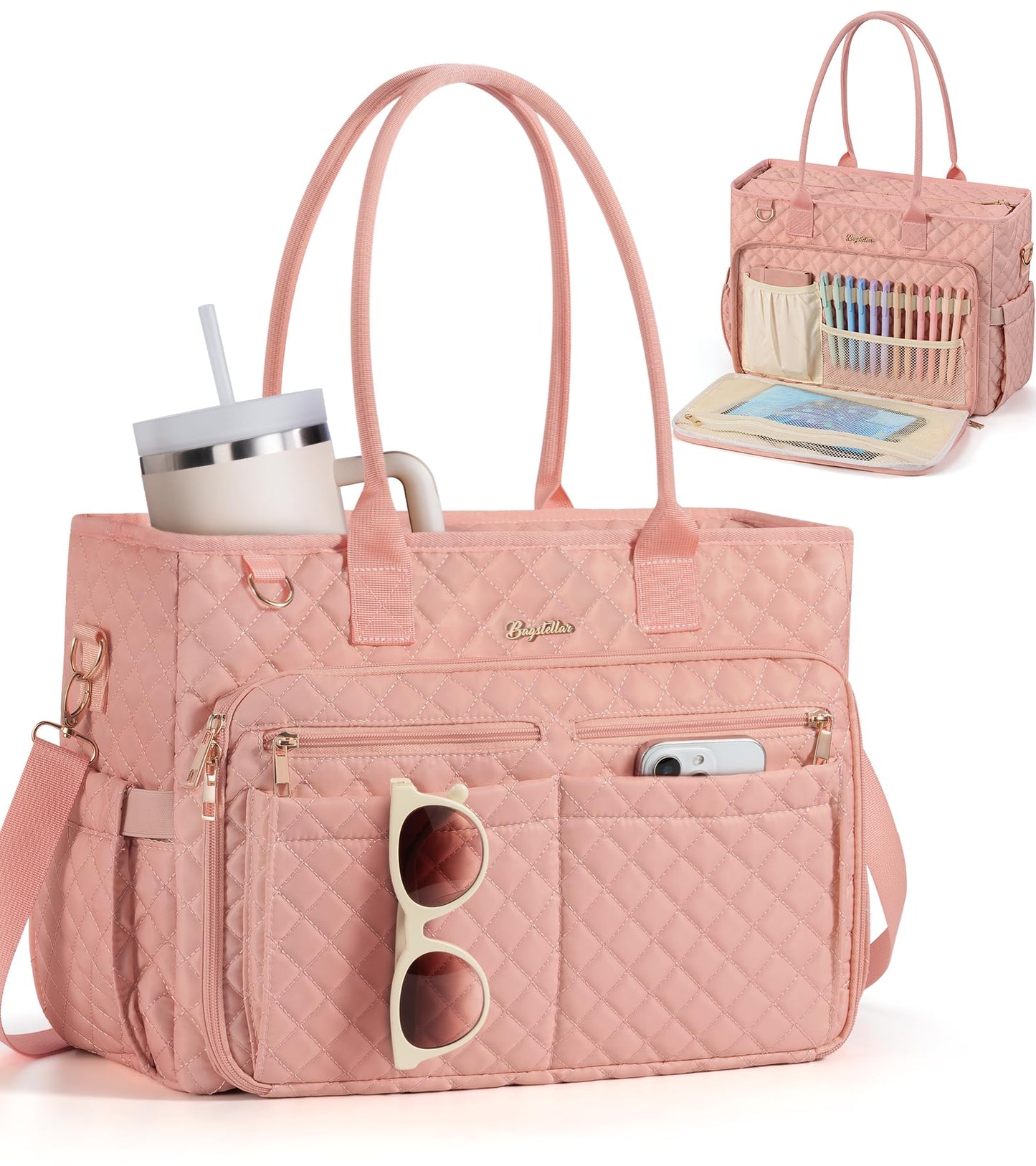 Bagstellar Teacher Bags for Women, 15.6 inch Laptop Work Tote Bag Quilted Nurse Bible Computer Shoulder Bag for School Travel | Dream Tote Work Bag, with 40oz Cup Holder, Insulated Pocket, Zipper & Strap, Office Briefcase, Ideal Gift for Women