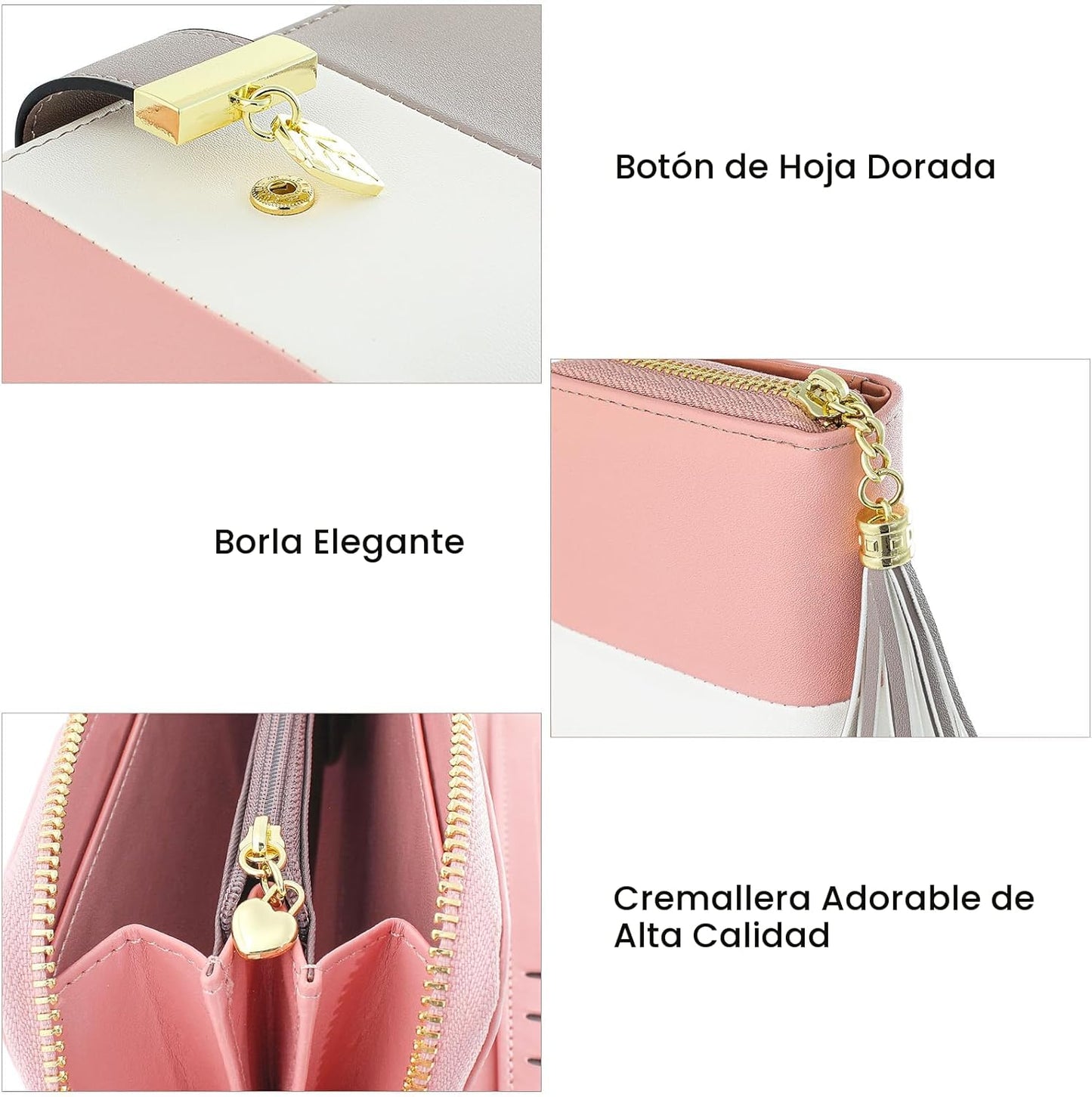 Carteras RFID para mujer con múltiples ranuras para tarjetas y compartimento para teléfono celular, cartera para mujer, Rosado/blanco/gris, Classic