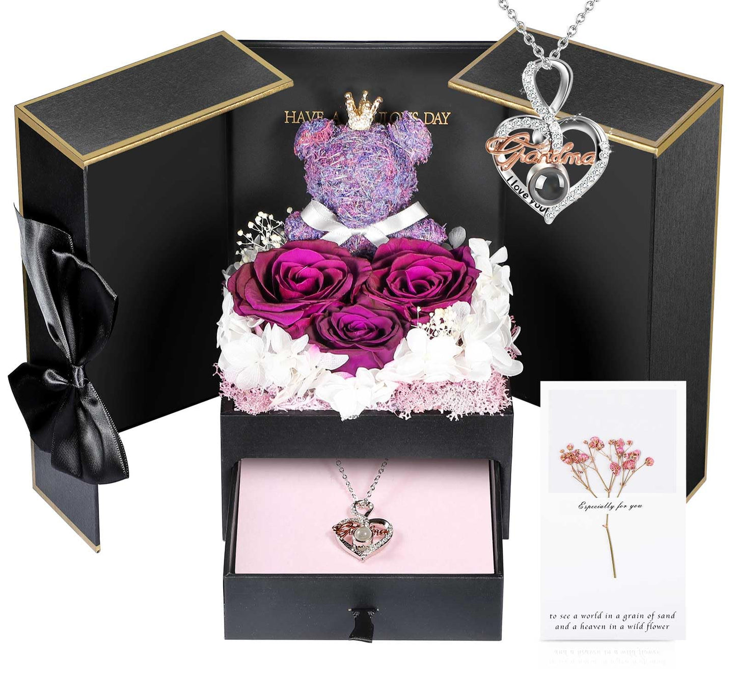 ADDWel Preserved Real Roses with I Love You in 100 Languages Mom Necklace Set, Unique Mothers Day Set for Mom from Son and Daughter, Birthday Gift Box for Mama Mother