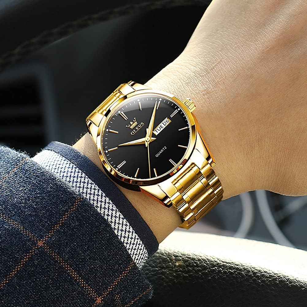 OLEVS Men's Luxury Stainless Steel Watch, Big Face Gold Silver Two Tone Three Hand Analog Quartz Watch, Easy to Read Waterproof Luminous Day Date Wrist Watches for Men