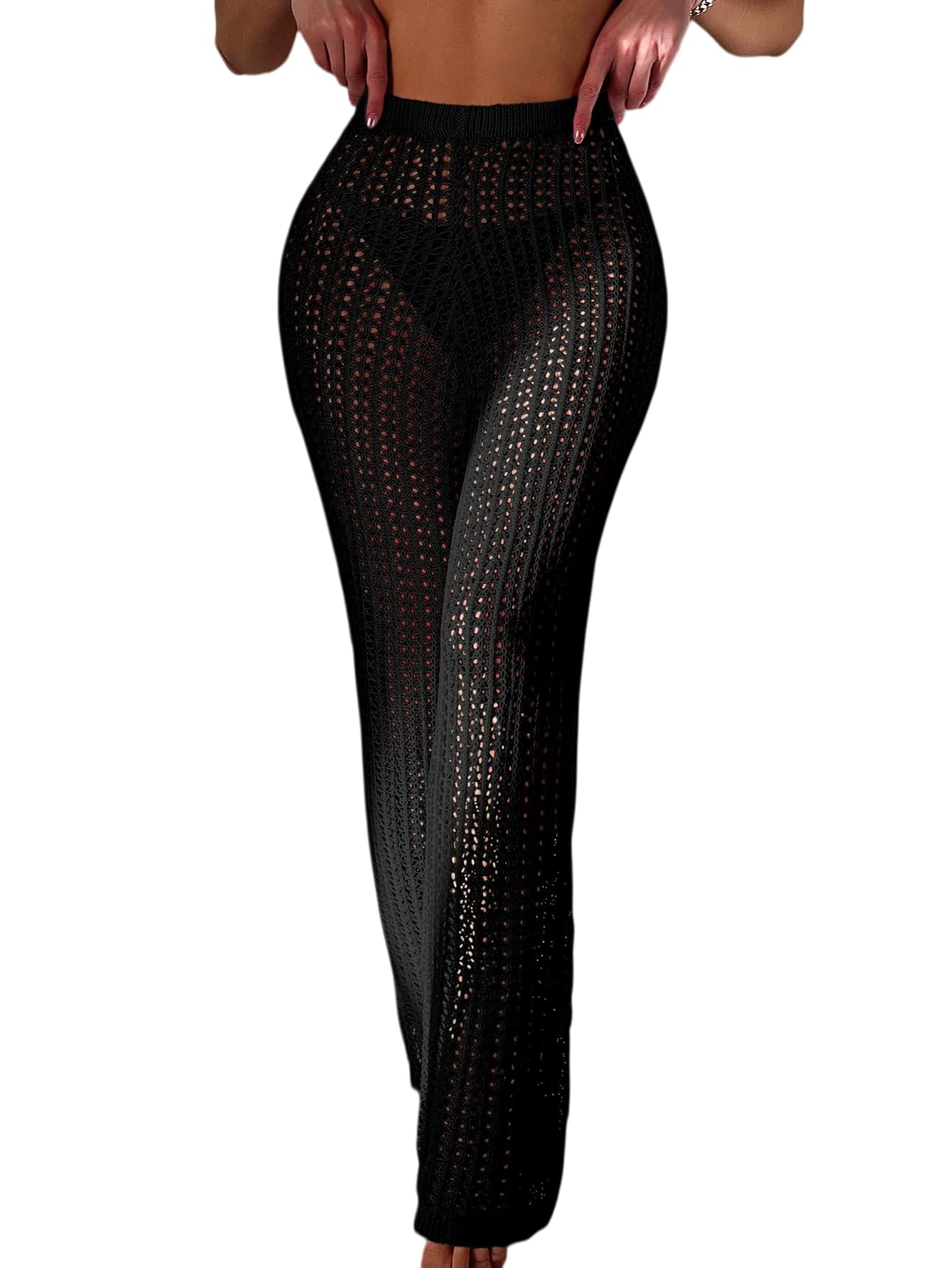 SISKIN Pantalones palazzo de ganchillo de pierna ancha, pantalones de playa fluidos de cintura alta, ropa de vacaciones para mujer
