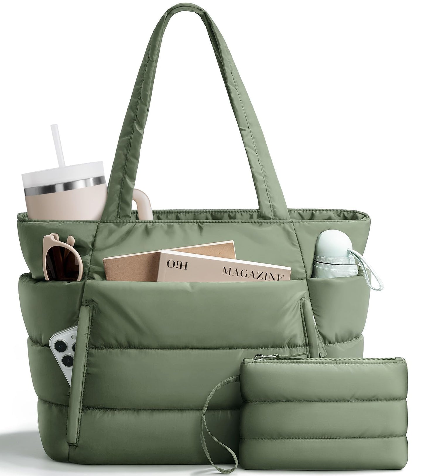 Bagstellar Puffer Tote Bag for Women, Lightweight Puffy Work Handbag Teacher Nurse Quilted Shoulder Bag for School Travel Gym | Cloud Bag w/ Zipper, Daily College Bags, 15.6" Computer Bag, Clinical Nursing Bag, 40 OZ Tumbler Holder, Ideal Gift for Women