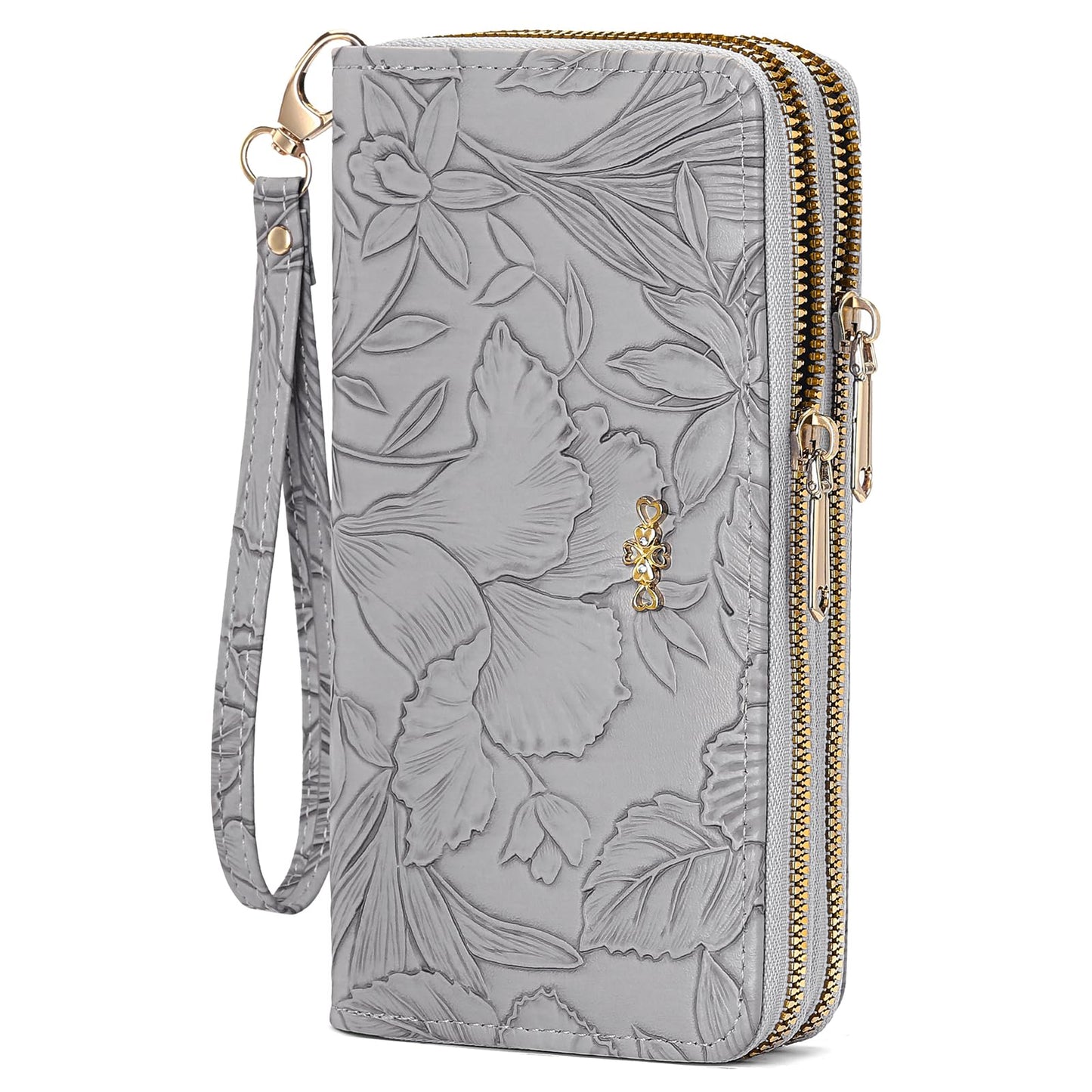 RNIEGA Cartera para mujer con doble cremallera alrededor del titular de la tarjeta de crédito, cartera de cuero para mujer, gran capacidad