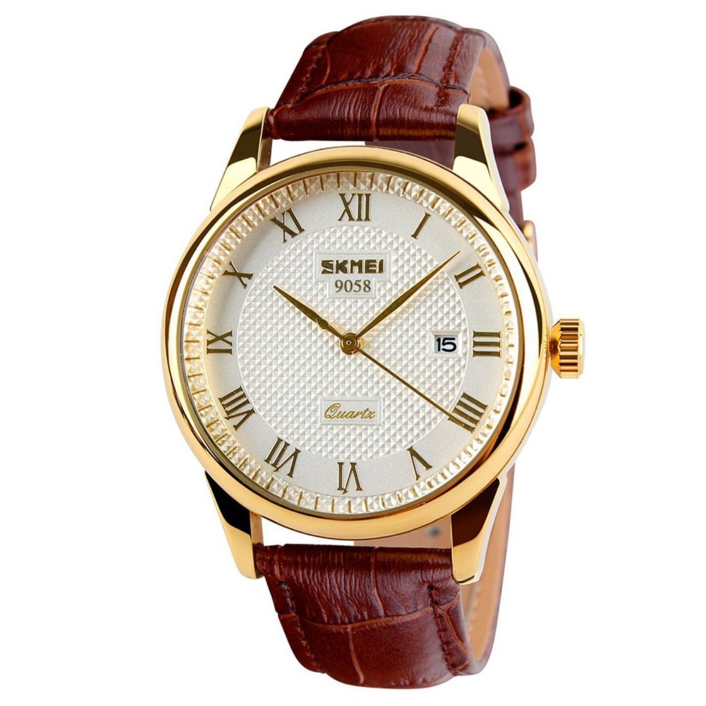 SKMEI Relojes de pulsera para hombre de negocios, con números romanos, correa de cuero, cuarzo, casual, resistente al agua, analógico