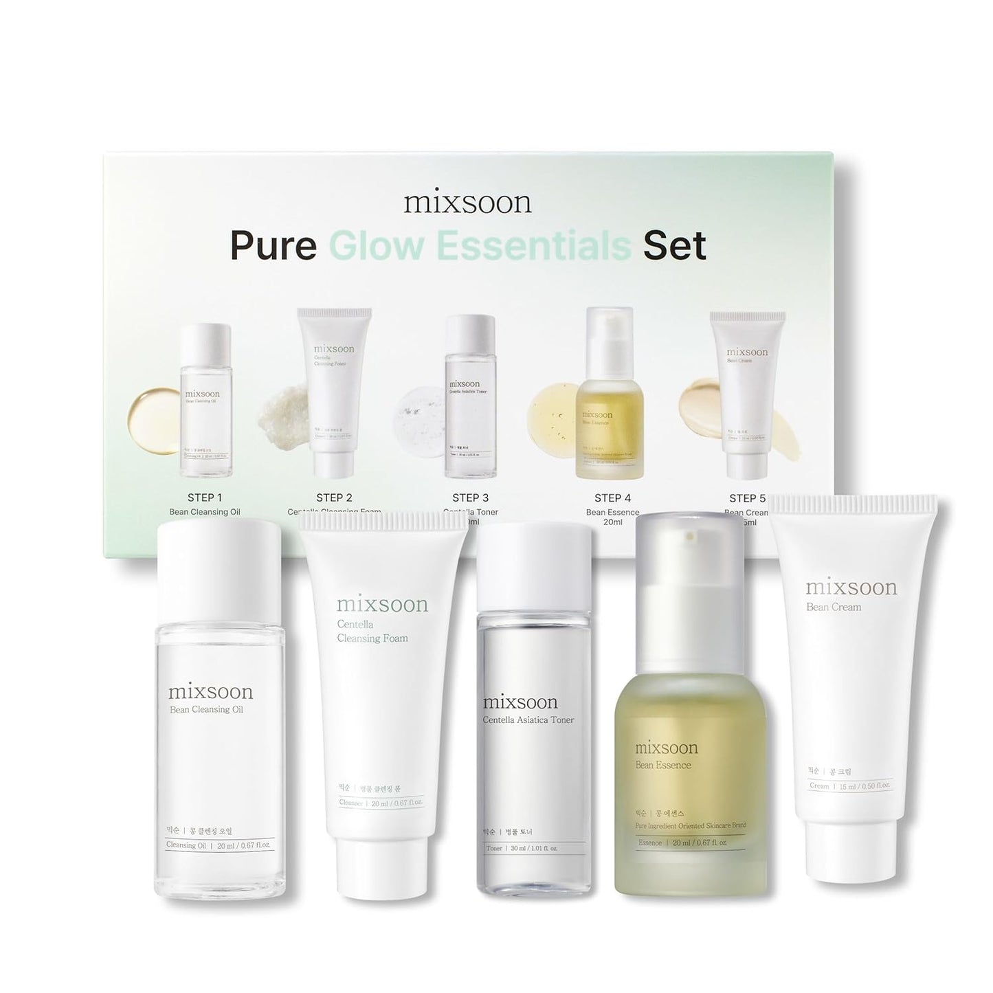 mixsoon Set de Esenciales Pure Glow - Kit de Cuidado de la Piel de 5 Pasos - Set de Regalo Hidratante para el Cuidado de la Piel, Aceite Limpiador, Espuma, Tónico, Esencia, Crema (15ml*1+20ml*3+30ml*1