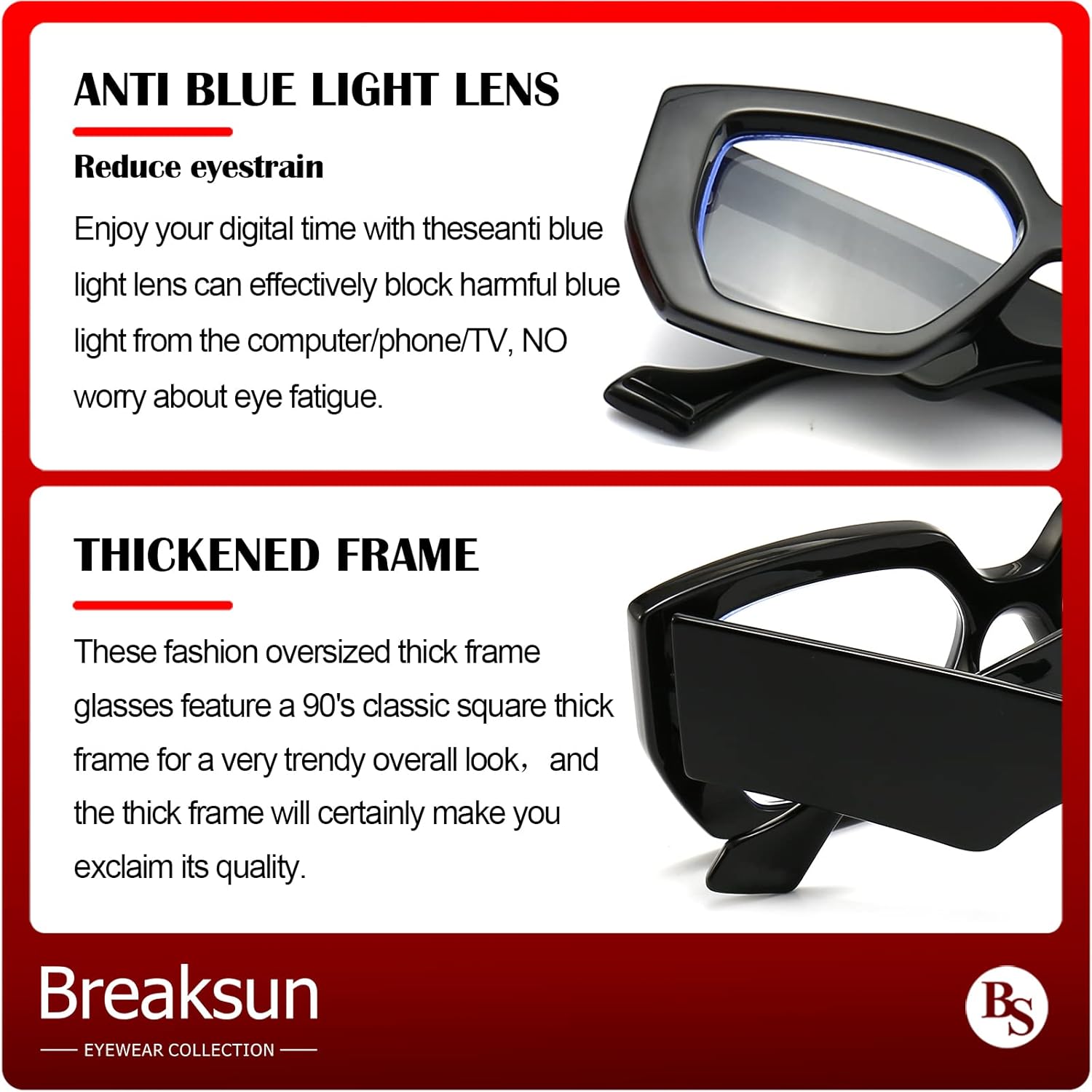 Breaksun Thick Frame Blue Light Glasses for Women Men Fashion Oversized Square Computer Gaming Eyeglasses