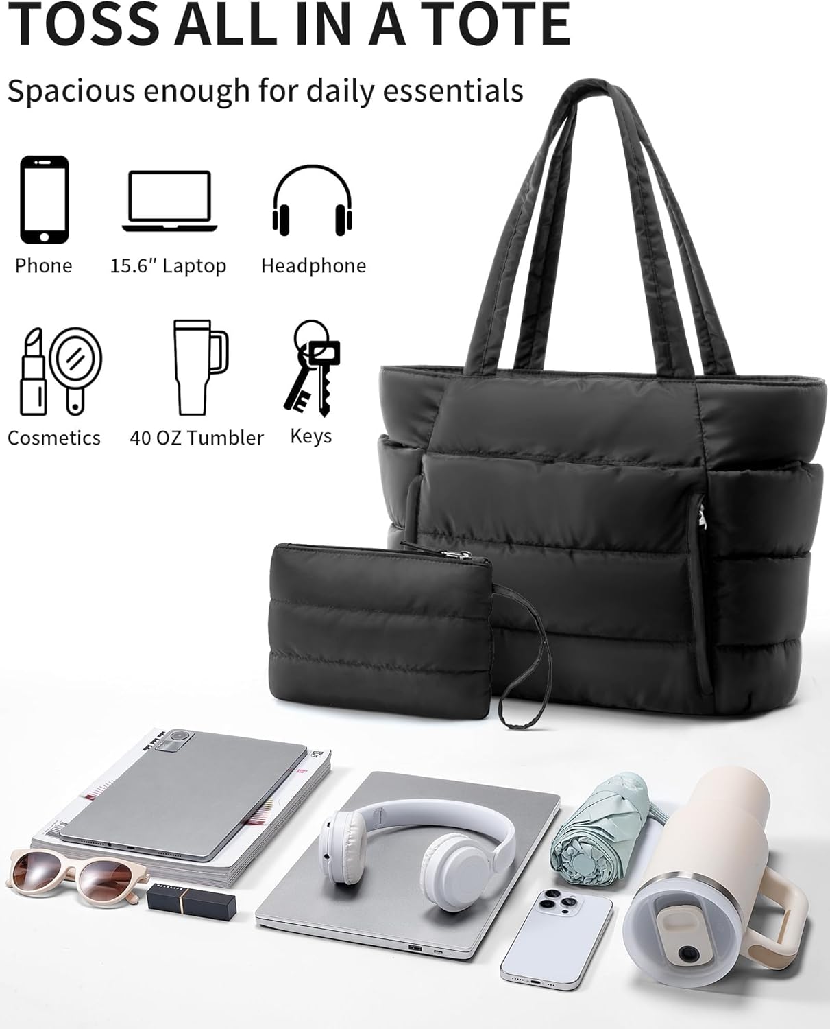 Bagstellar Puffer Tote Bag for Women, Lightweight Puffy Work Handbag Teacher Nurse Quilted Shoulder Bag for School Travel Gym | Cloud Bag w/ Zipper, Daily College Bags, 15.6" Computer Bag, Clinical Nursing Bag, 40 OZ Tumbler Holder, Ideal Gift for Women
