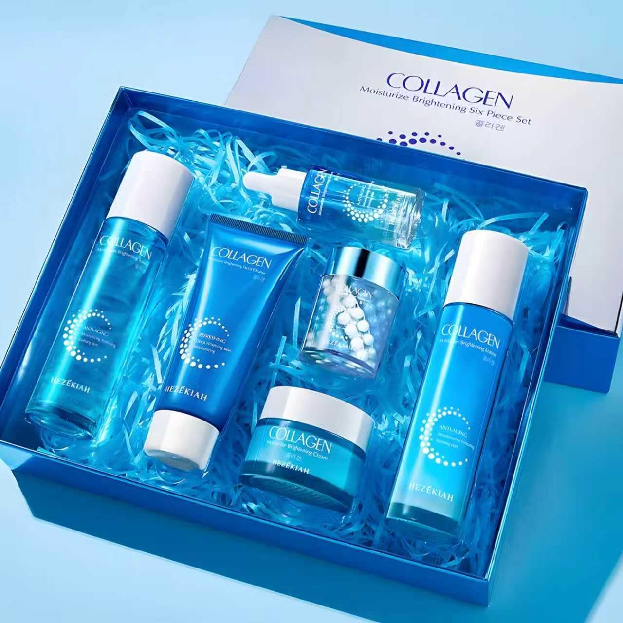 Juego de 6 piezas de colágeno para el cuidado de la piel para niñas adolescentes, juego hidratante de cuidado de la piel con limpiador, tónico, loción, suero, crema y crema de ojos para adolescentes y mujeres,