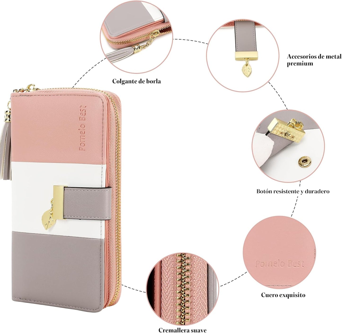 Carteras RFID para mujer con múltiples ranuras para tarjetas y compartimento para teléfono celular, cartera para mujer, Rosado/blanco/gris, Classic