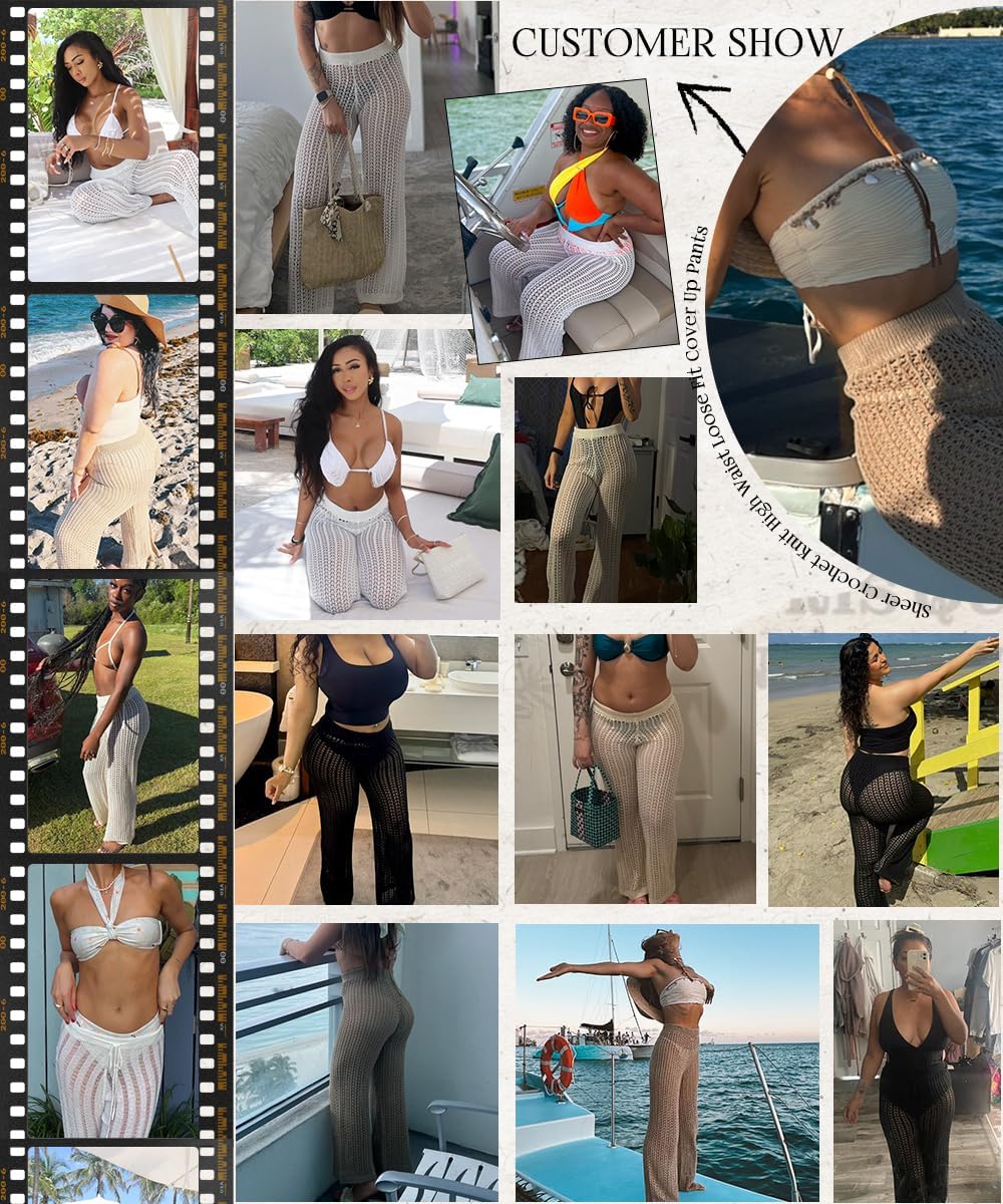 SISKIN Pantalones palazzo de ganchillo de pierna ancha, pantalones de playa fluidos de cintura alta, ropa de vacaciones para mujer