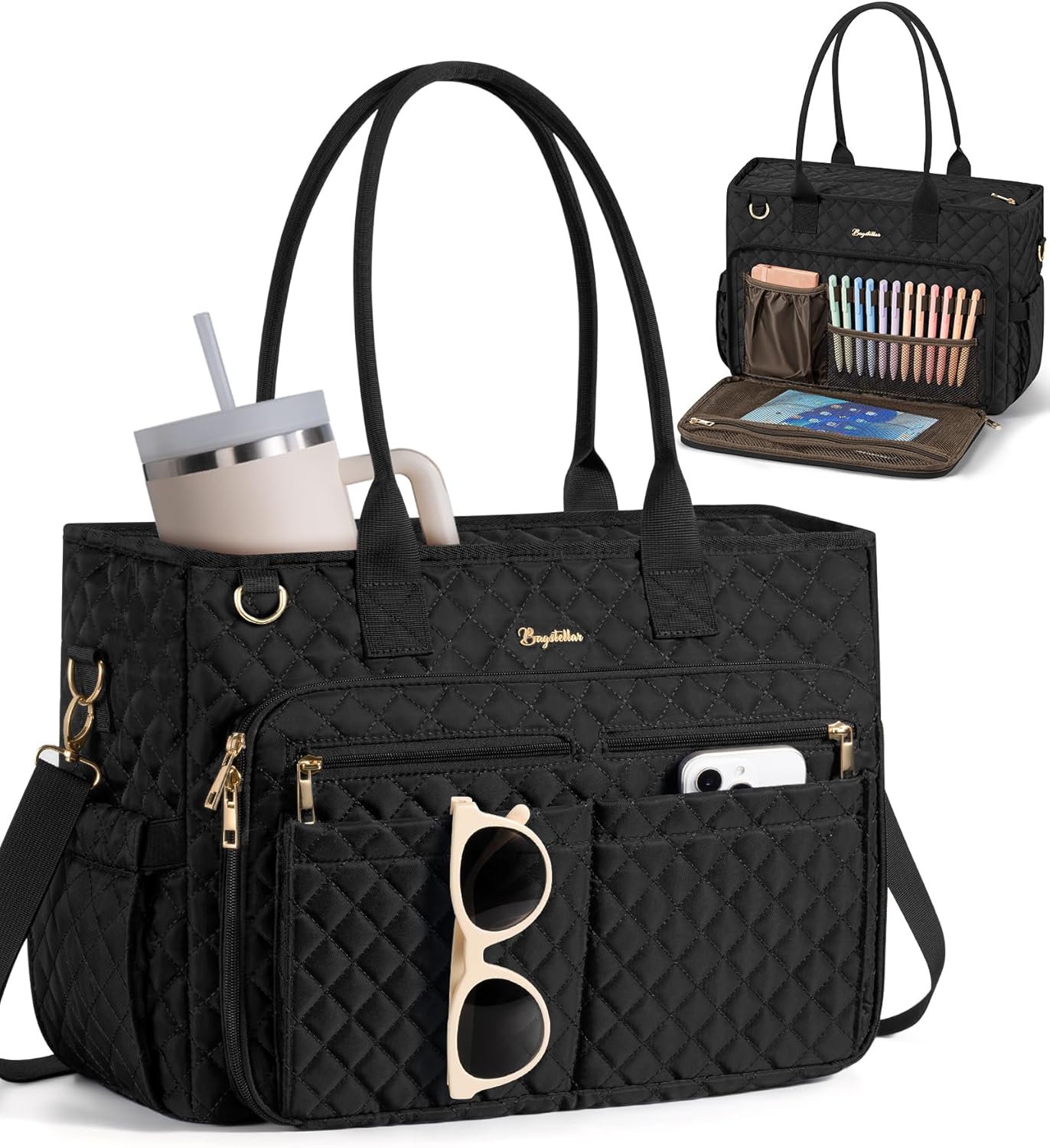 Bagstellar Teacher Bags for Women, 15.6 inch Laptop Work Tote Bag Quilted Nurse Bible Computer Shoulder Bag for School Travel | Dream Tote Work Bag, with 40oz Cup Holder, Insulated Pocket, Zipper & Strap, Office Briefcase, Ideal Gift for Women
