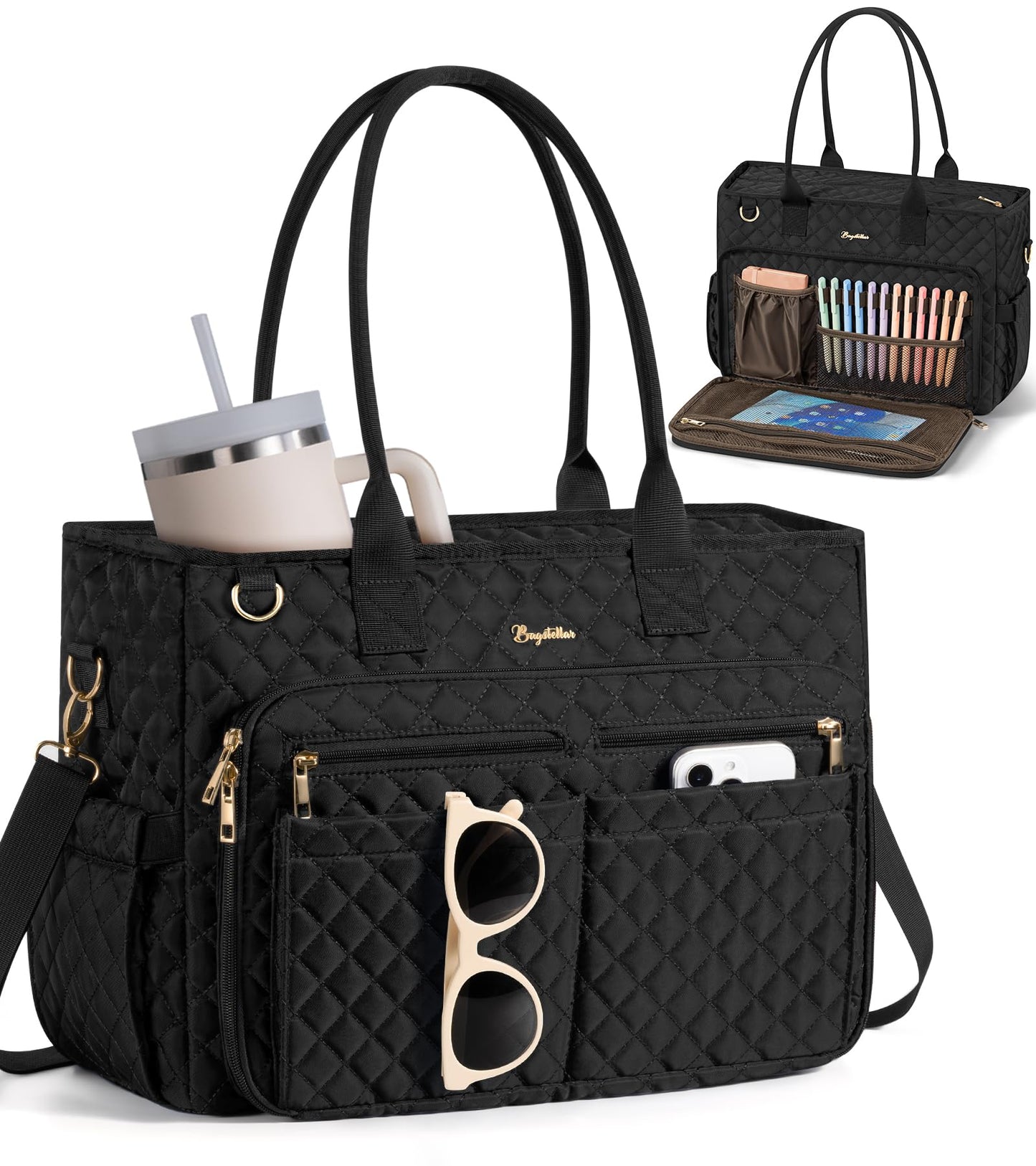 Bagstellar Teacher Bags for Women, 15.6 inch Laptop Work Tote Bag Quilted Nurse Bible Computer Shoulder Bag for School Travel | Dream Tote Work Bag, with 40oz Cup Holder, Insulated Pocket, Zipper & Strap, Office Briefcase, Ideal Gift for Women