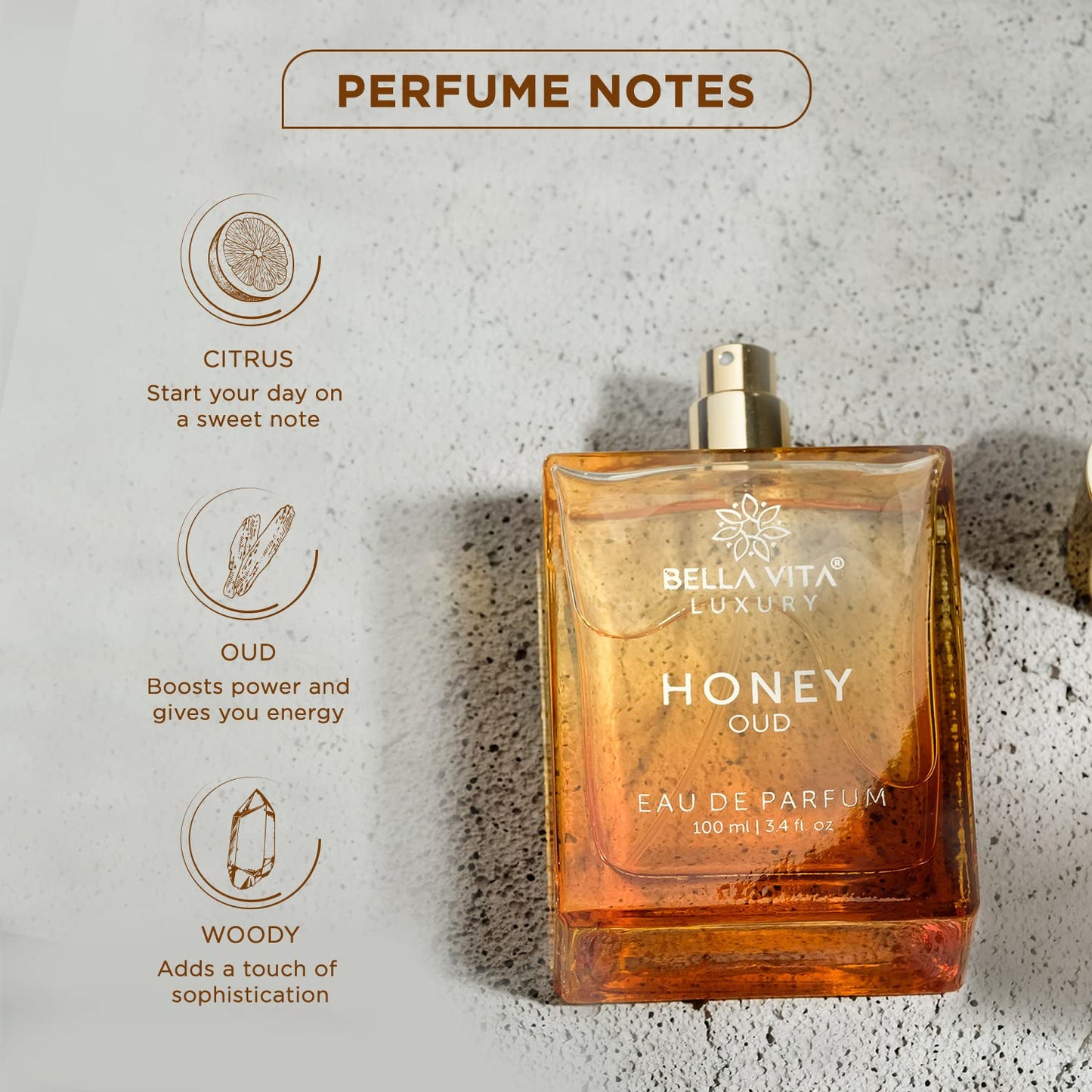 Bellavita Luxury Honey Oud Eau de Parfum | 100 ml (3.4 fl.oz.) | Perfume for Men and Women | Sweet Honey, Bergamot, Oud, and Amber Notes | Women's Day Special