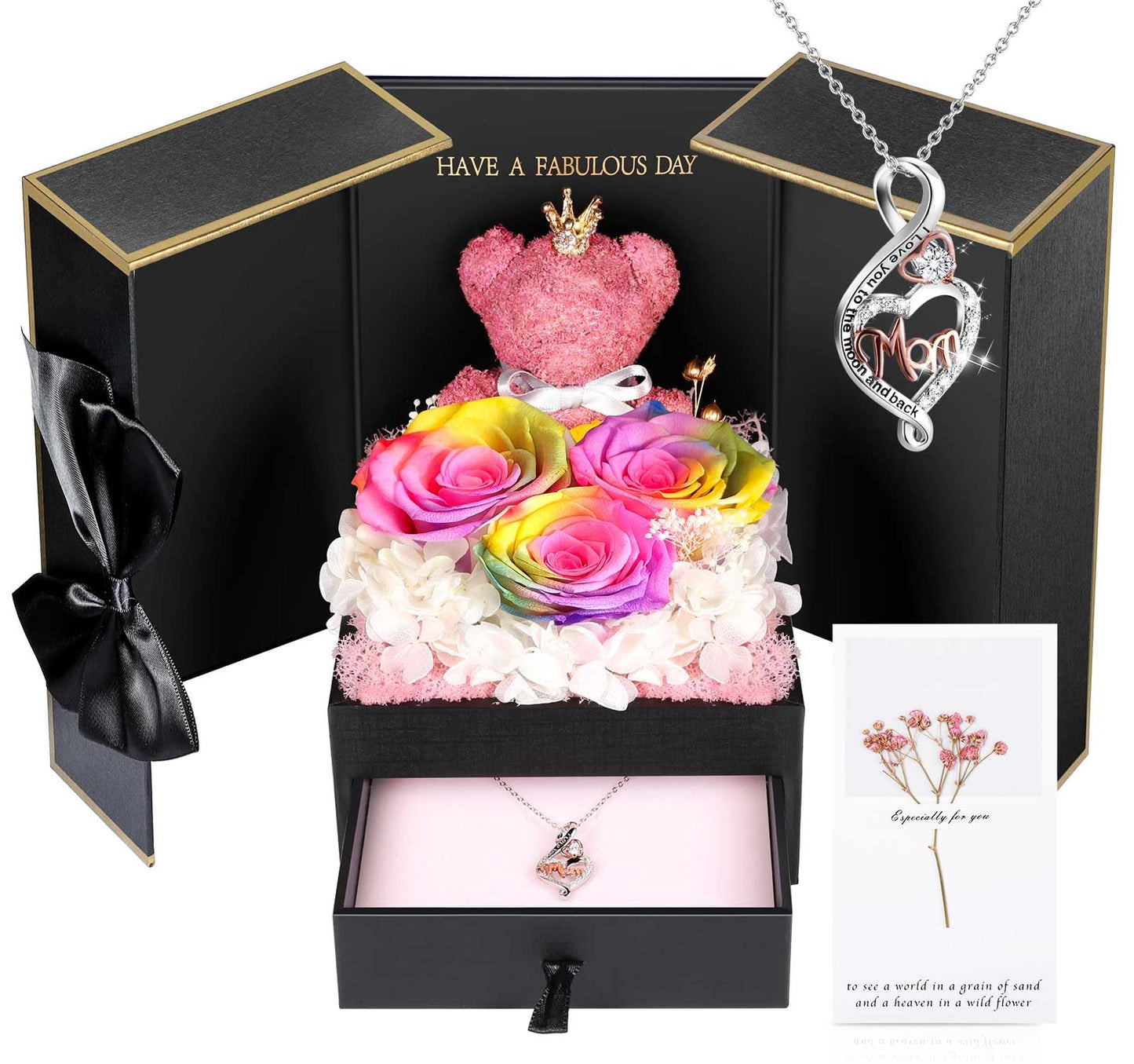 ADDWel Preserved Real Roses with I Love You in 100 Languages Mom Necklace Set, Unique Mothers Day Set for Mom from Son and Daughter, Birthday Gift Box for Mama Mother