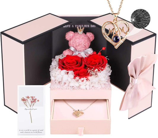 ADDWel Preserved Real Roses with I Love You in 100 Languages Mom Necklace Set, Unique Mothers Day Set for Mom from Son and Daughter, Birthday Gift Box for Mama Mother