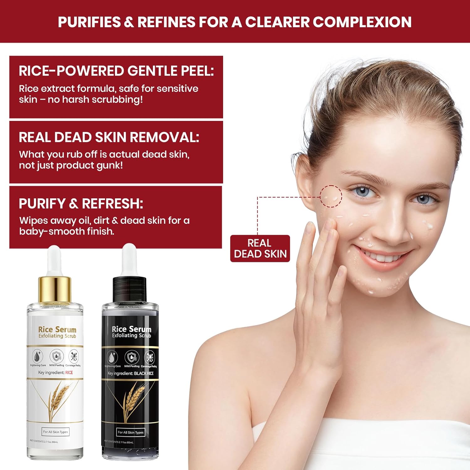 Exfoliating Rice Peel Shot Face Serum & Body Scrub, Black Rice & White Rice Ampoule, Removes Dead Skin Cells and Blackheads, Gentle Glow Peeling for All Skin Types