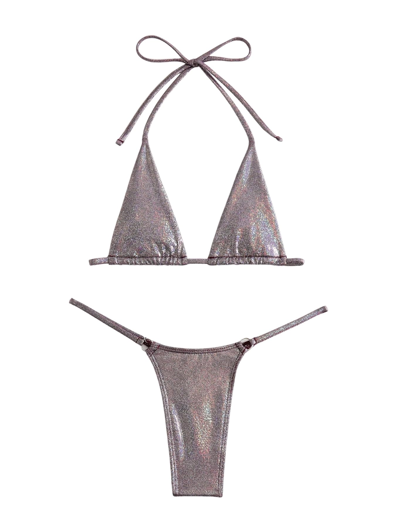 SOLY HUX Traje de baño metálico para mujer Halter Micro Triángulo Top Traje de baño Tanga Tanga Bikini Conjunto de dos piezas