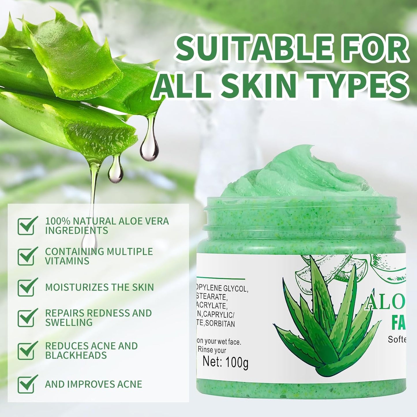 Aloe Vera Facial Scrub & Cleanser - Exfoliating Face Wash for Blackheads & Acne