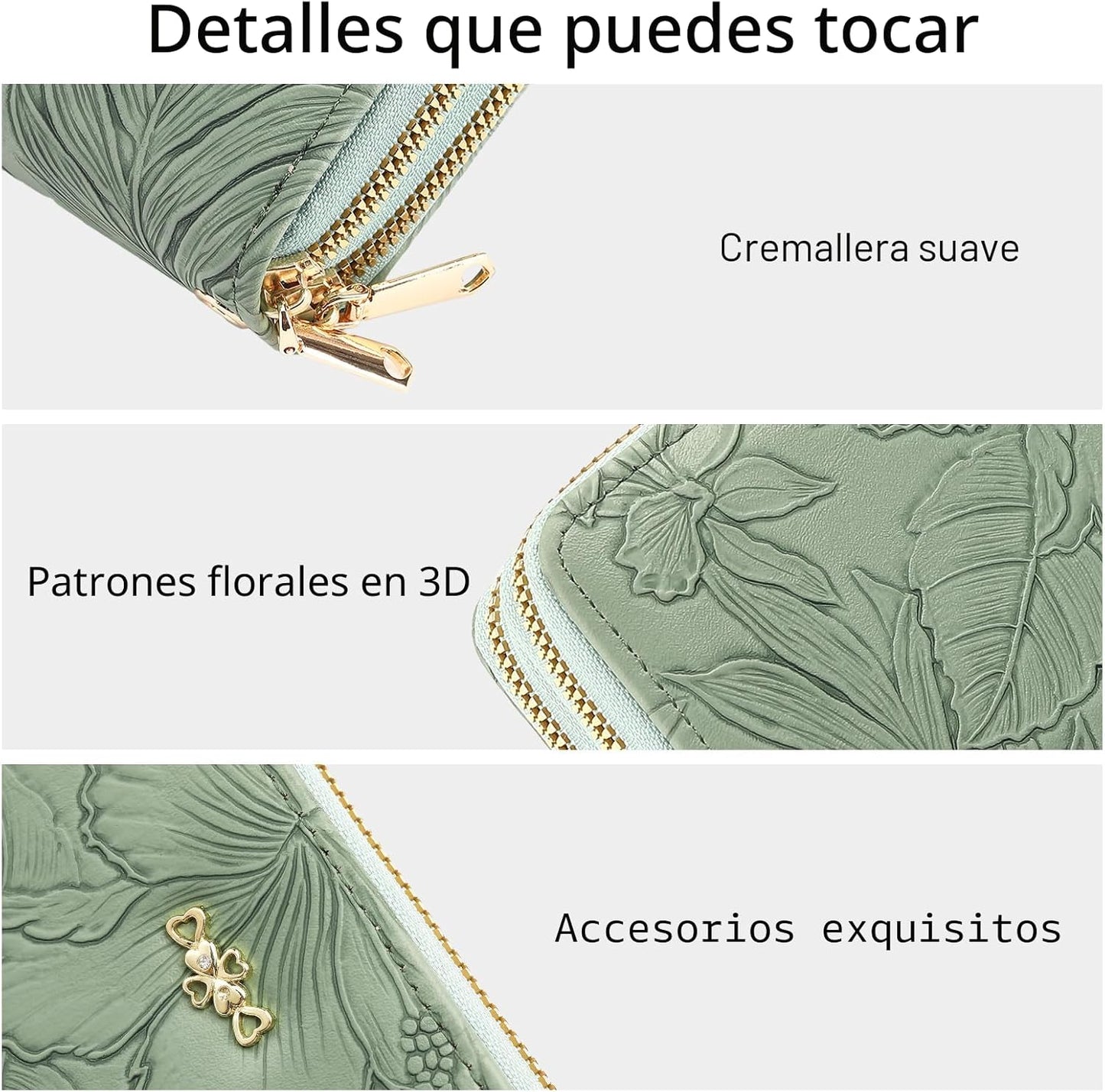 RNIEGA Cartera para mujer con doble cremallera alrededor del titular de la tarjeta de crédito, cartera de cuero para mujer, gran capacidad
