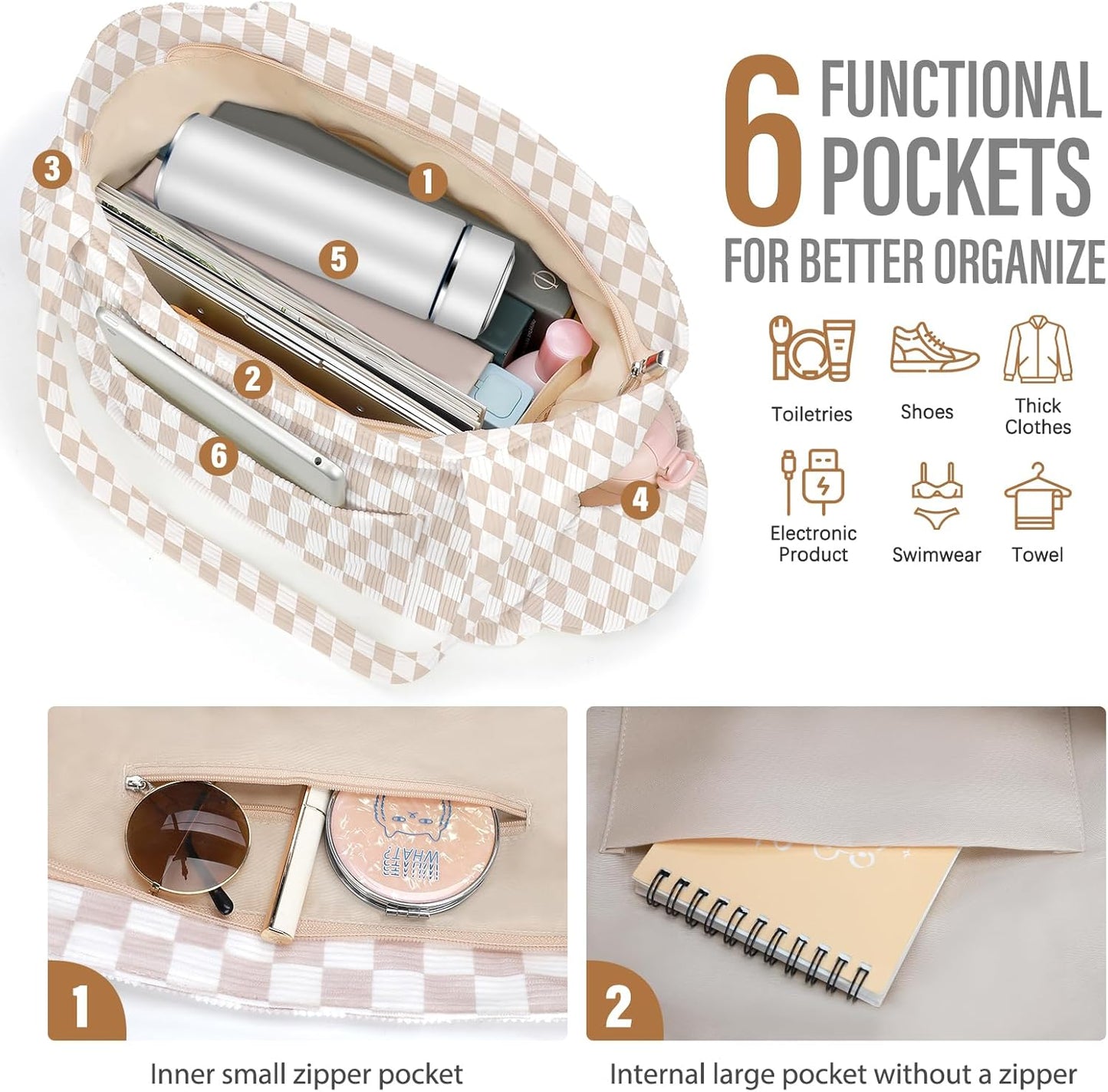 Bolsa de pana para mujeres, bolsa de gran capacidad linda con 6 bolsillos, bolso cruzado de hombro para trabajo, viajes, gimnasio