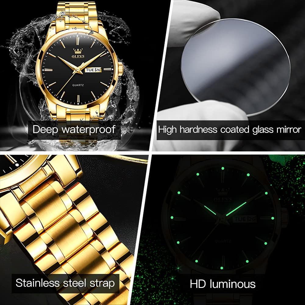 OLEVS Men's Luxury Stainless Steel Watch, Big Face Gold Silver Two Tone Three Hand Analog Quartz Watch, Easy to Read Waterproof Luminous Day Date Wrist Watches for Men