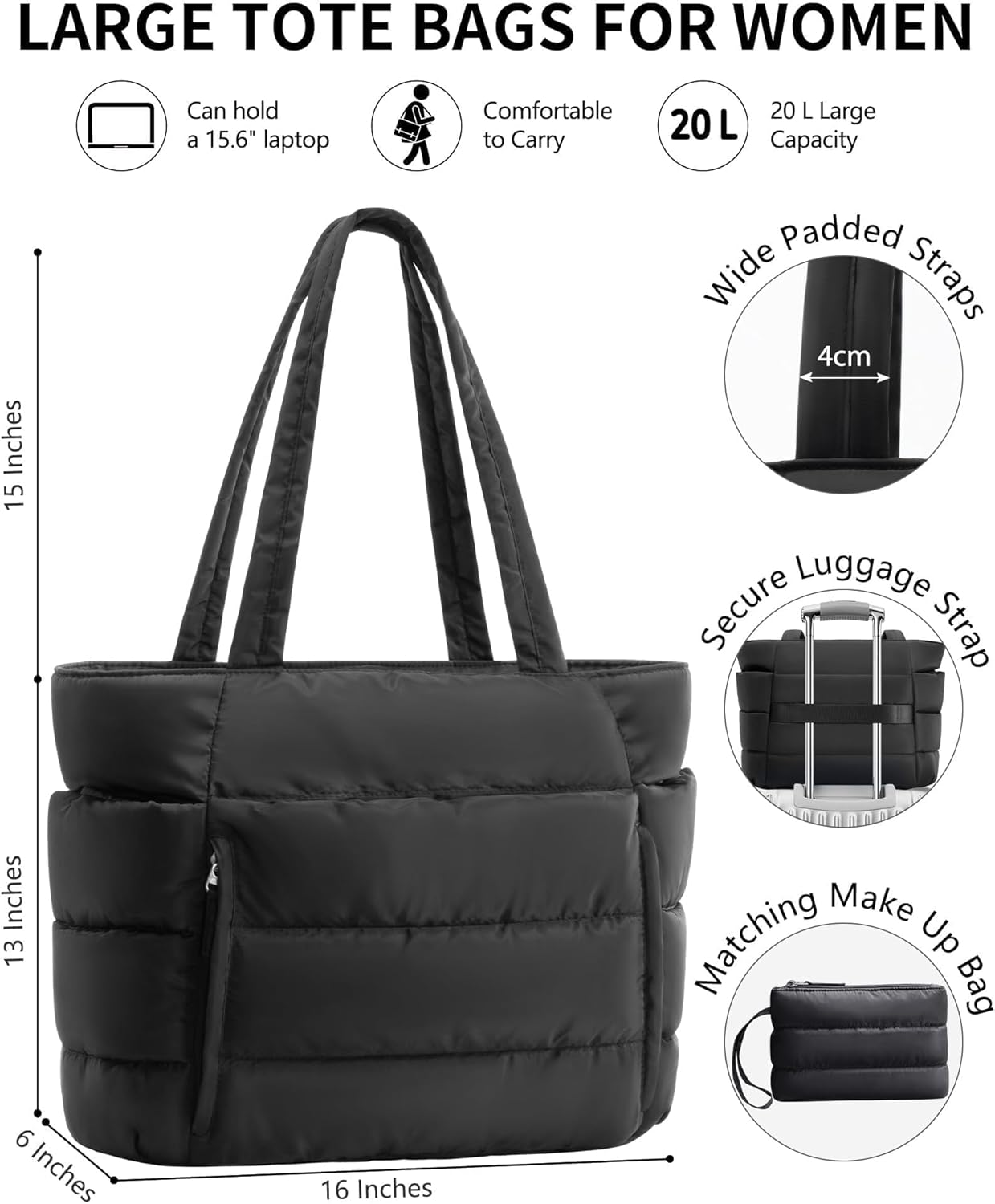 Bagstellar Puffer Tote Bag for Women, Lightweight Puffy Work Handbag Teacher Nurse Quilted Shoulder Bag for School Travel Gym | Cloud Bag w/ Zipper, Daily College Bags, 15.6" Computer Bag, Clinical Nursing Bag, 40 OZ Tumbler Holder, Ideal Gift for Women