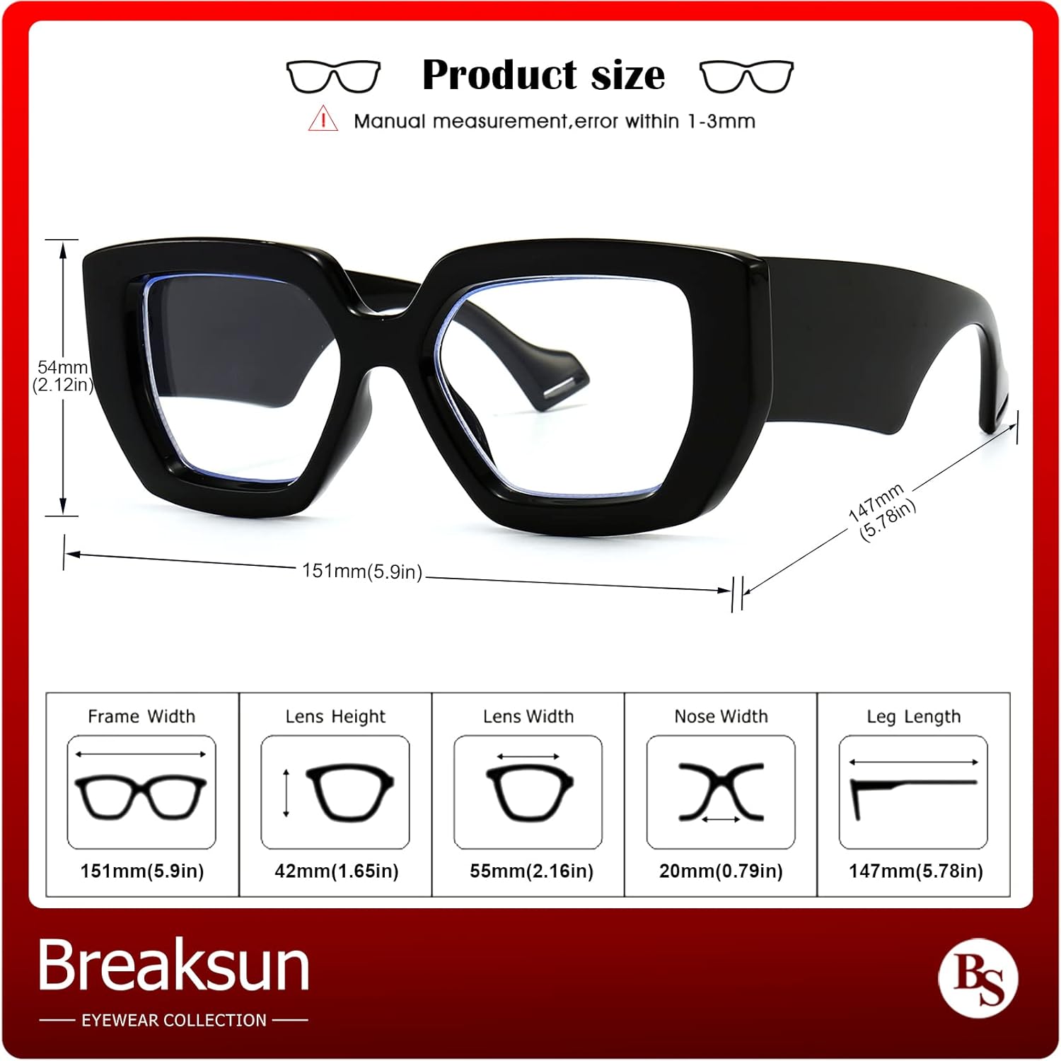 Breaksun Thick Frame Blue Light Glasses for Women Men Fashion Oversized Square Computer Gaming Eyeglasses