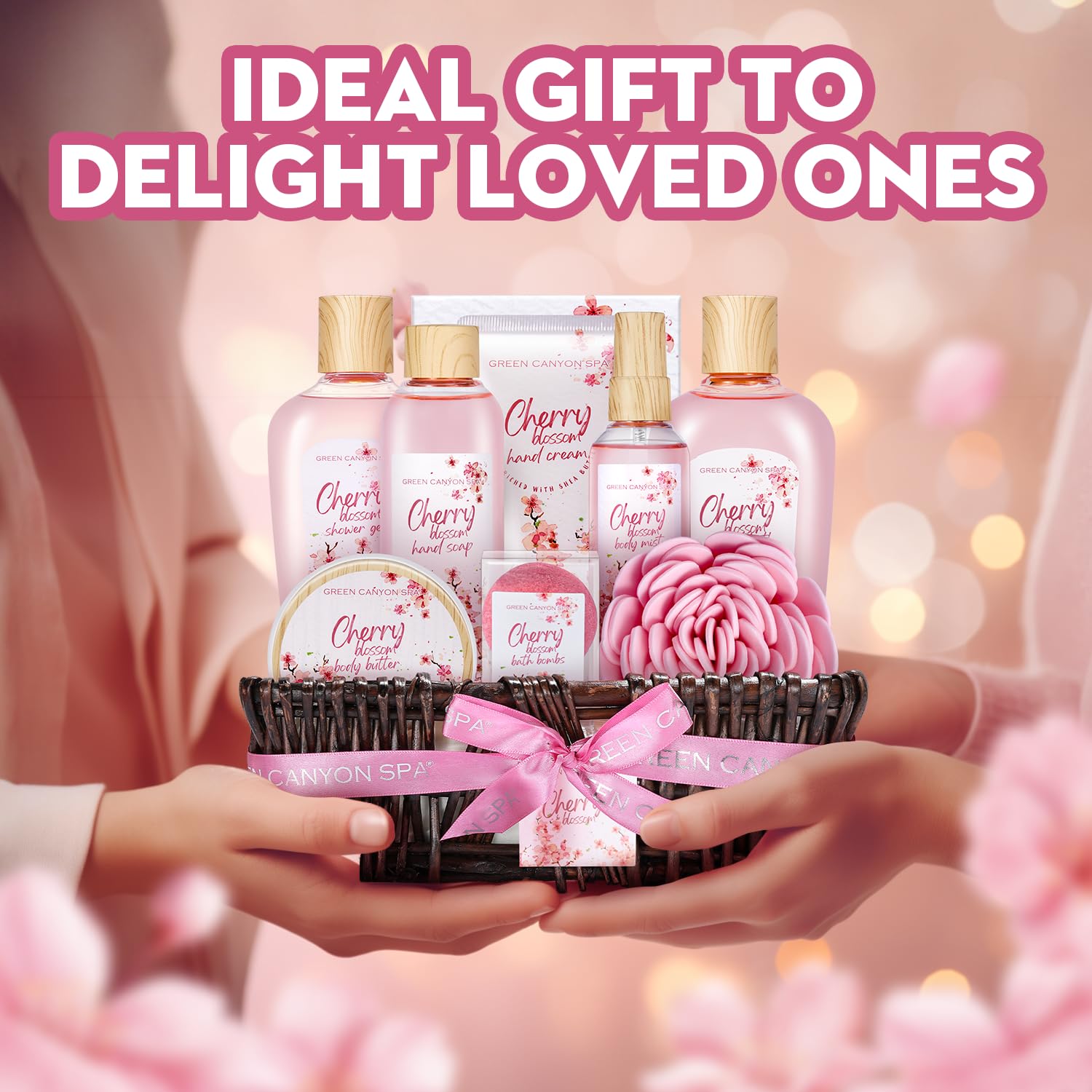 Green Canyon Spa Birthday Gifts for Women 11 Pcs Cherry Blossom Spa Gift Baskets Gift for Mom Her Friend Sister Wife Mothers Day Gifts for Her Bath and Body Gift Sets Presents for Her