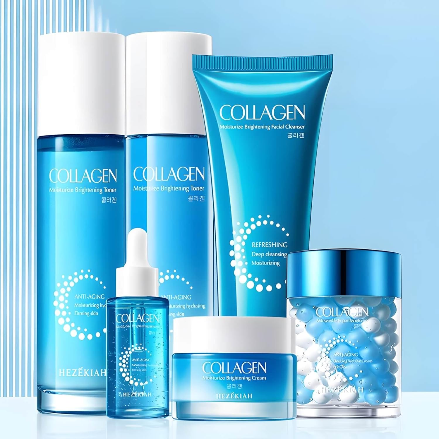 Juego de 6 piezas de colágeno para el cuidado de la piel para niñas adolescentes, juego hidratante de cuidado de la piel con limpiador, tónico, loción, suero, crema y crema de ojos para adolescentes y mujeres,