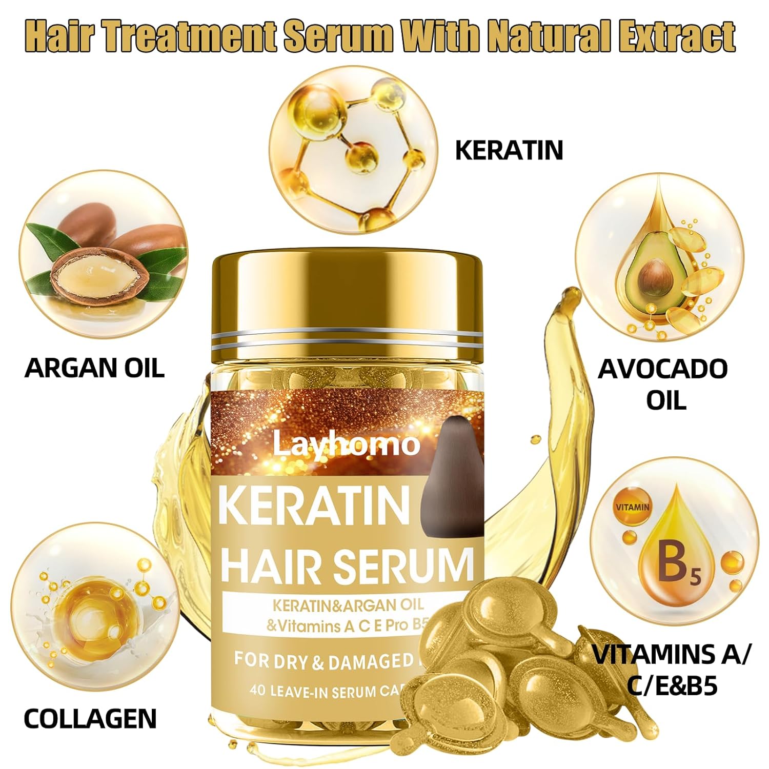 Keratin Hair Treatment Serum,Hair Serum Treatment for Dry Damaged Hair,Hair Oil Capsules with Keratin,Argan Oil-Leave-in Anti Frizz Conditioner with Vitamins A, C, E & B5- No Rinse for All Hair Types
