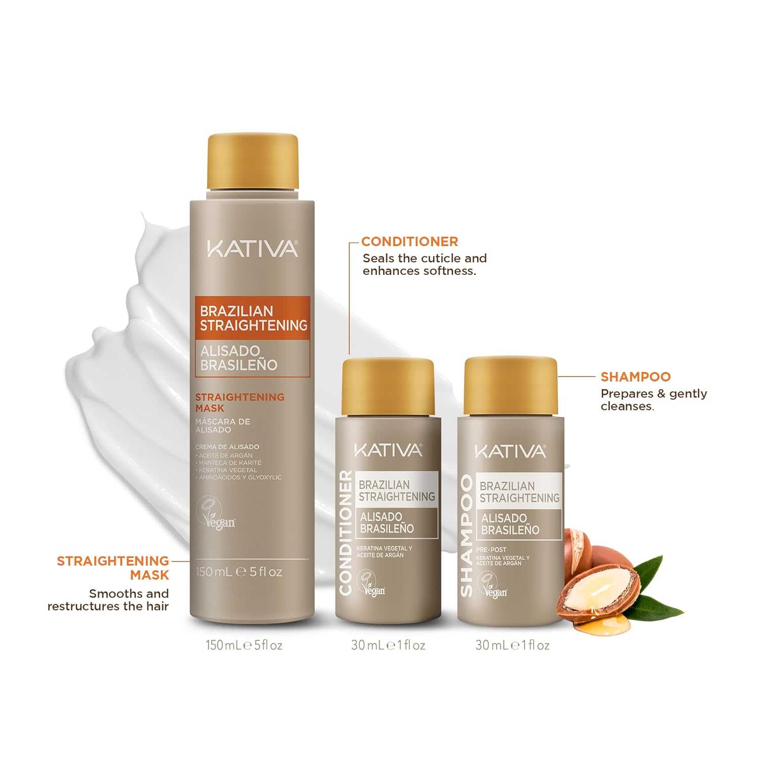 KATIVA Kit de tratamiento de queratina brasileña – Alisado de cabello sin formaldehído en casa con ácido hialurónico – Hasta 12 semanas de control del encrespamiento para cabello rizado, ondulado