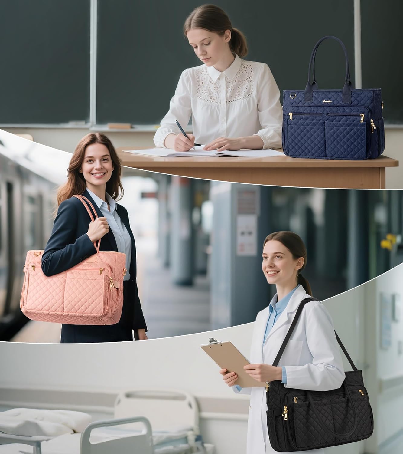 Bagstellar Teacher Bags for Women, 15.6 inch Laptop Work Tote Bag Quilted Nurse Bible Computer Shoulder Bag for School Travel | Dream Tote Work Bag, with 40oz Cup Holder, Insulated Pocket, Zipper & Strap, Office Briefcase, Ideal Gift for Women