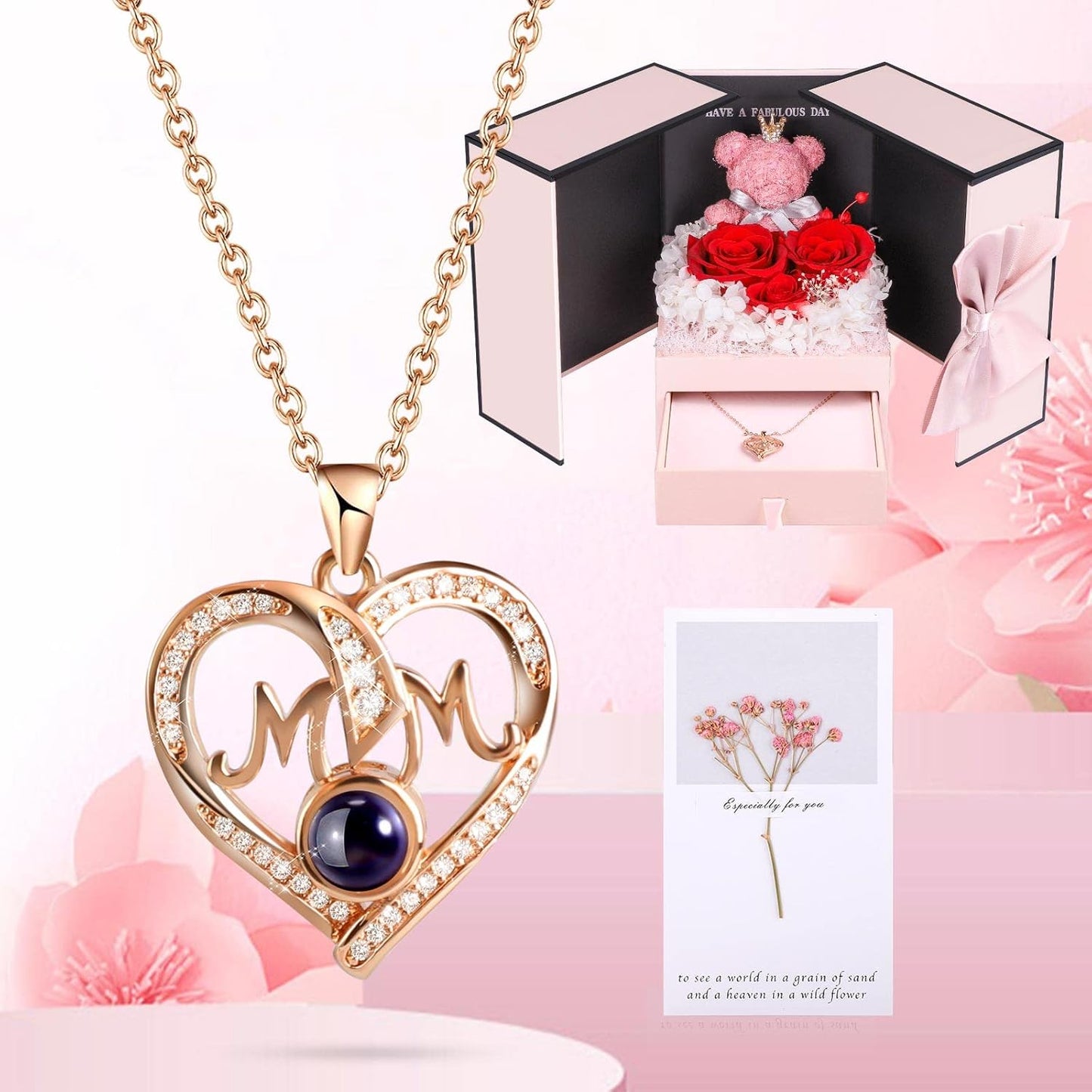 ADDWel Preserved Real Roses with I Love You in 100 Languages Mom Necklace Set, Unique Mothers Day Set for Mom from Son and Daughter, Birthday Gift Box for Mama Mother